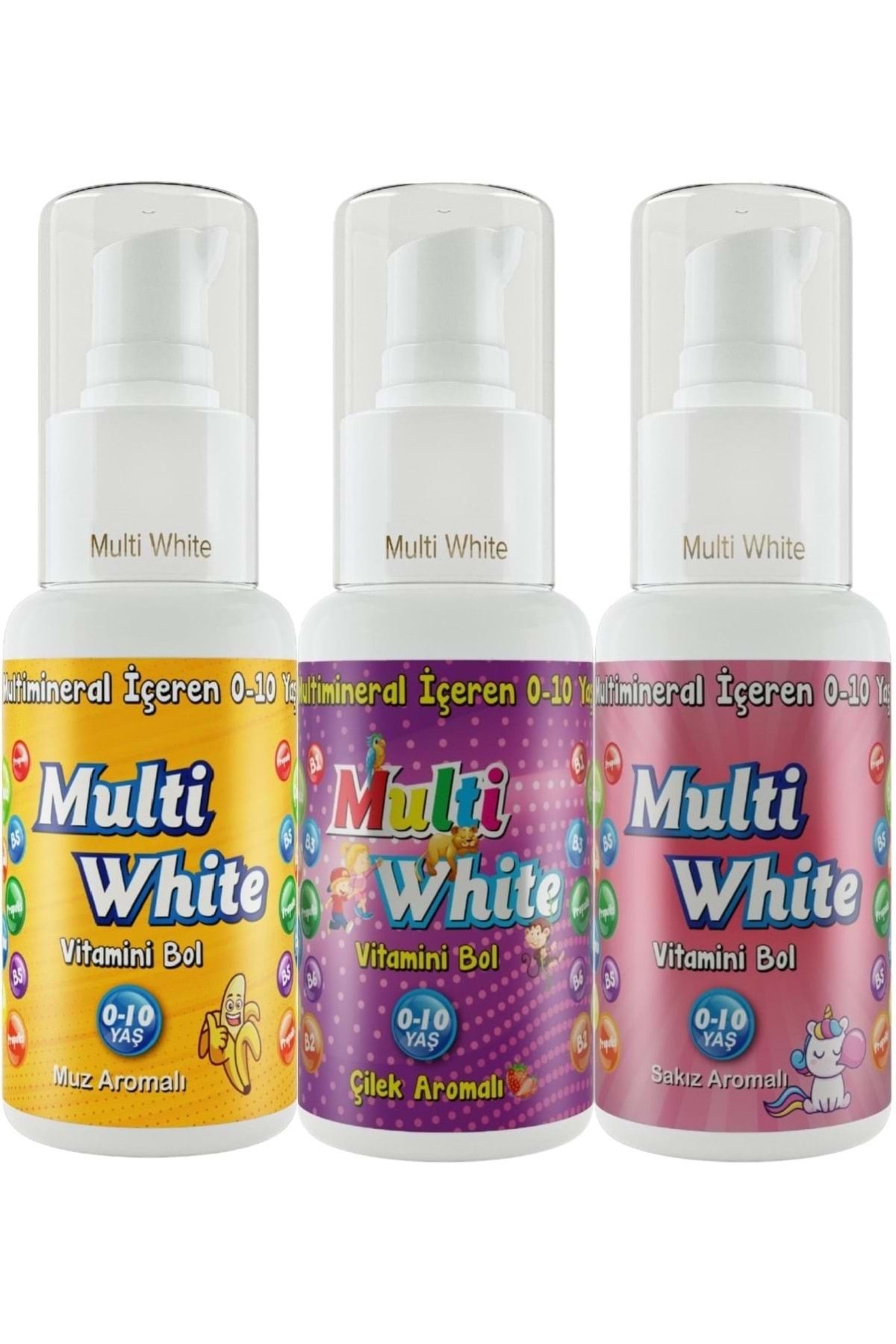 Multi White Diş Macunu 50ML Karma Muz-Çilek-Sakız Aromalı Bol Vitaminli (0-10 Yaş) (3 Lü Set)