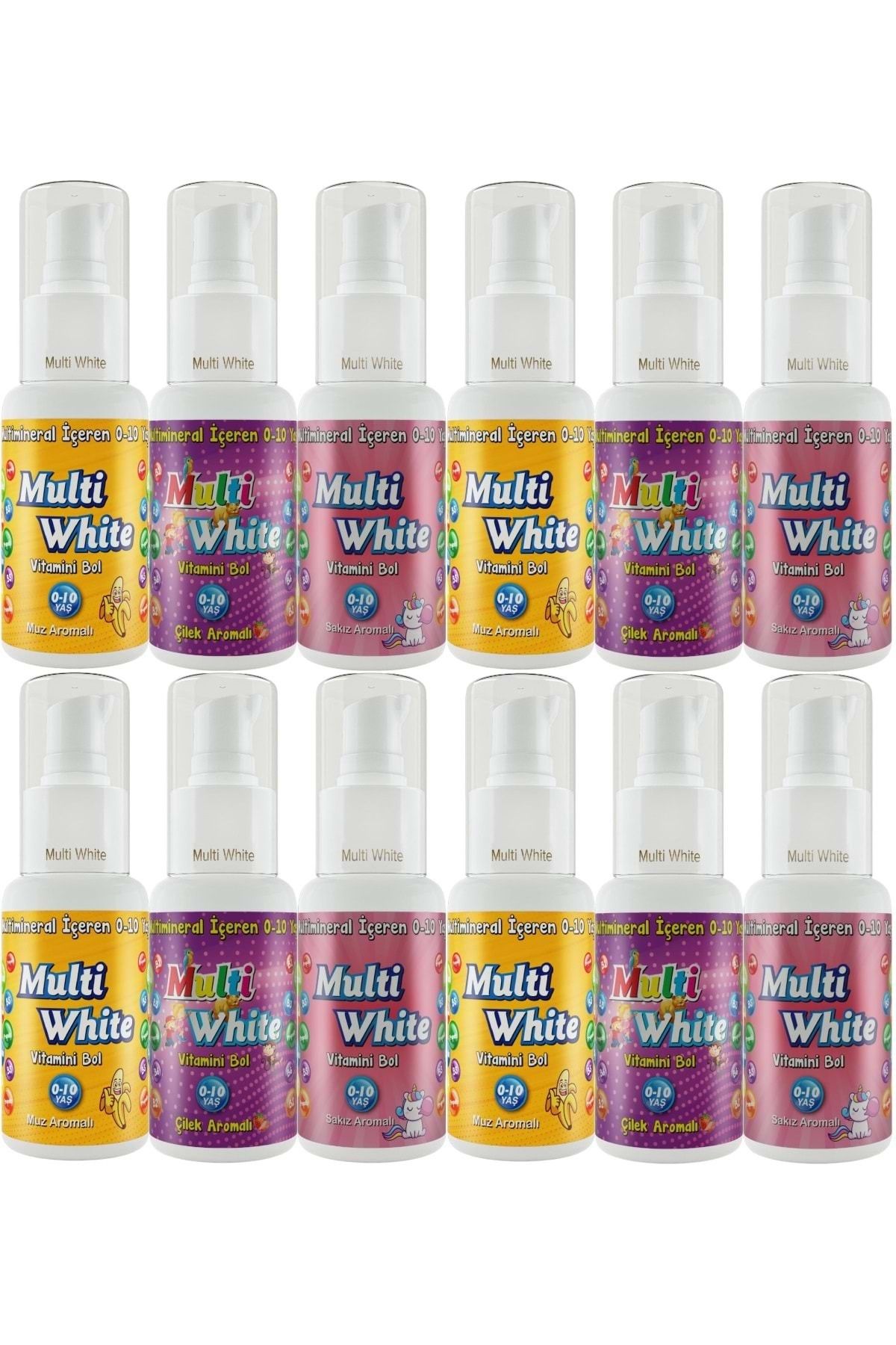 Multi White Diş Macunu 50ML Karma Muz-Çilek-Sakız Aromalı Bol Vitaminli (0-10 Yaş) (12 Li Set)