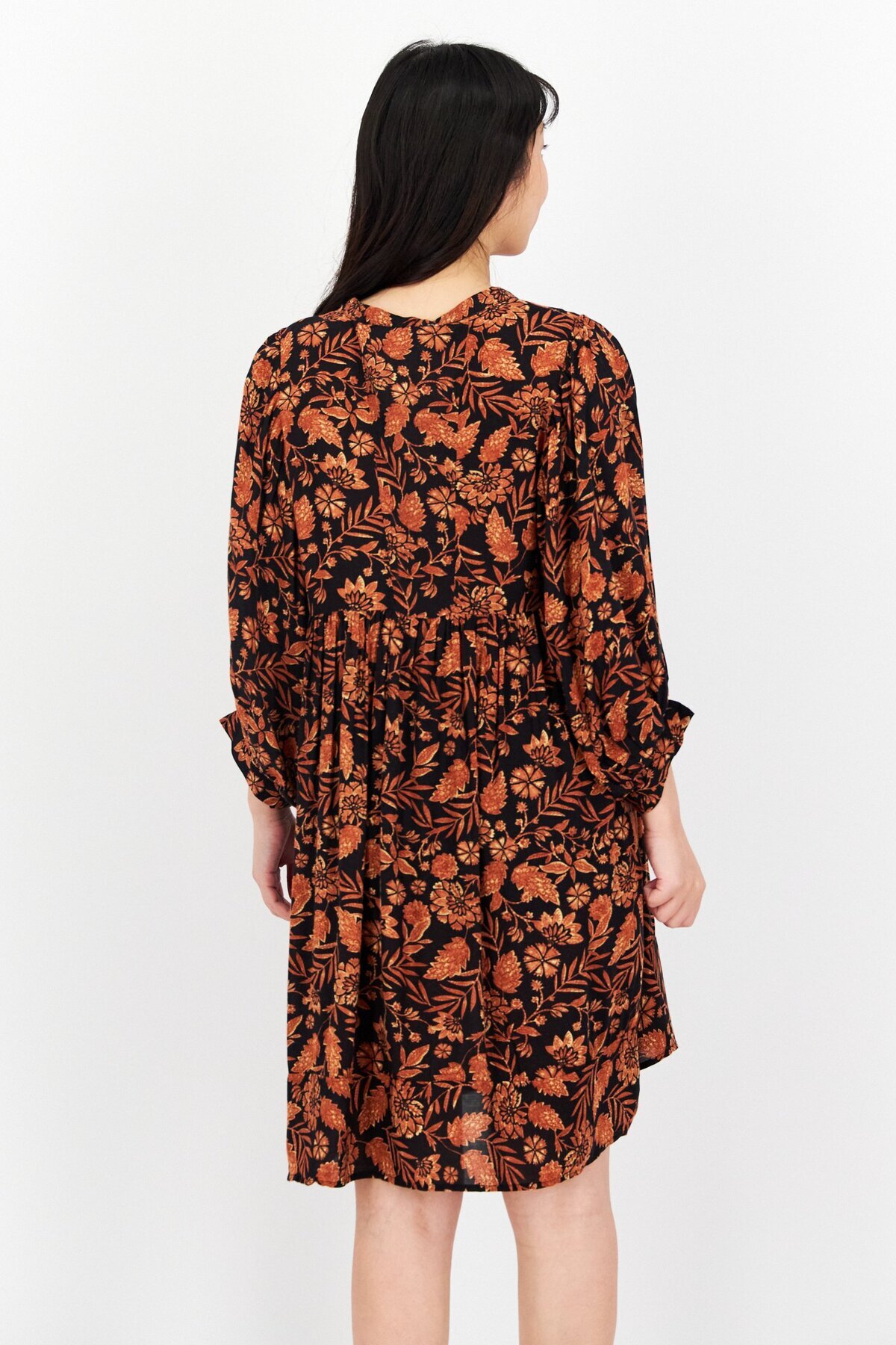 ELAN-Women Floral Print Mini Dress, Black/Brown 4