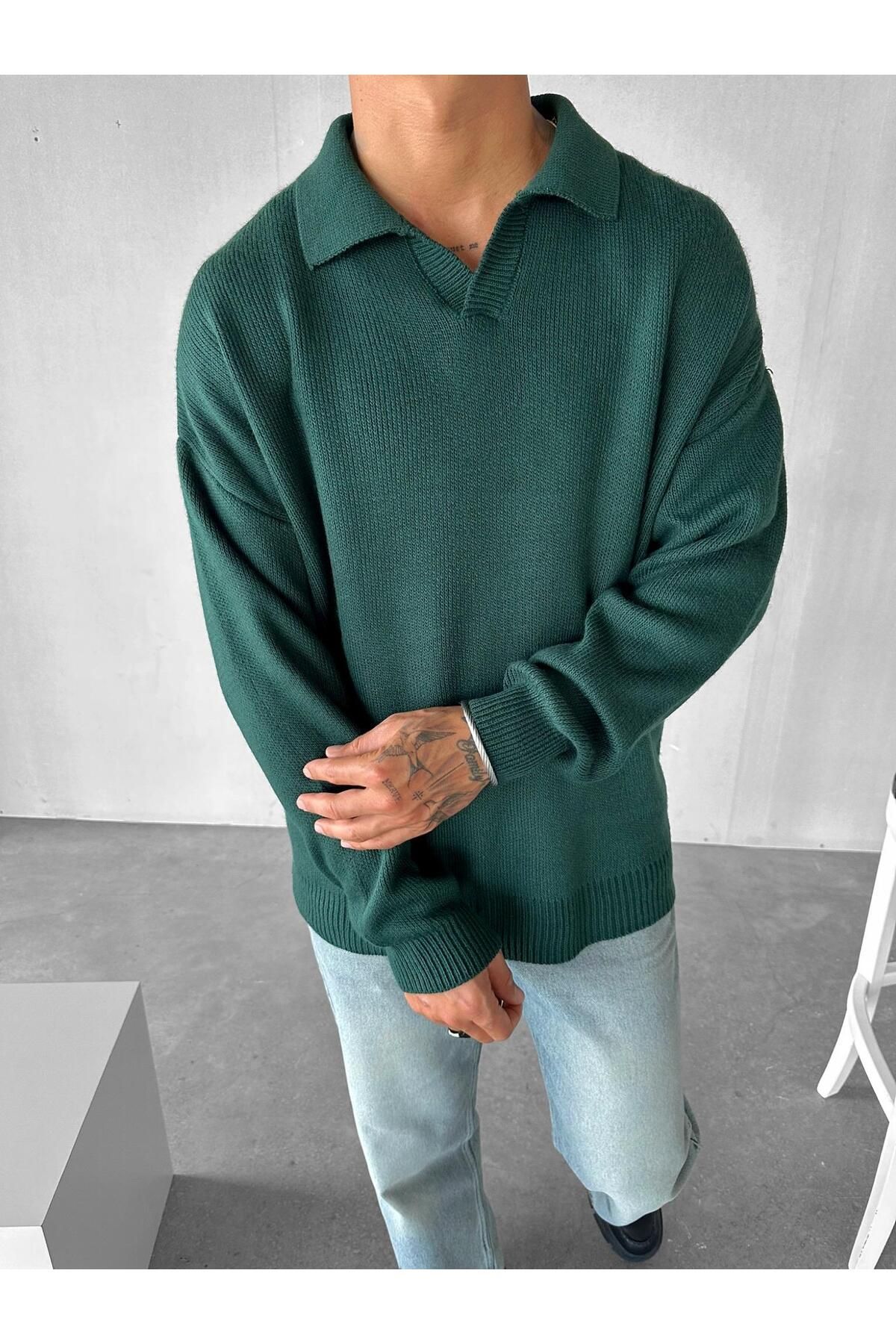 ablukaonline-Men's Green Oversize Polo Knitwear Sweater - V-Neck 1