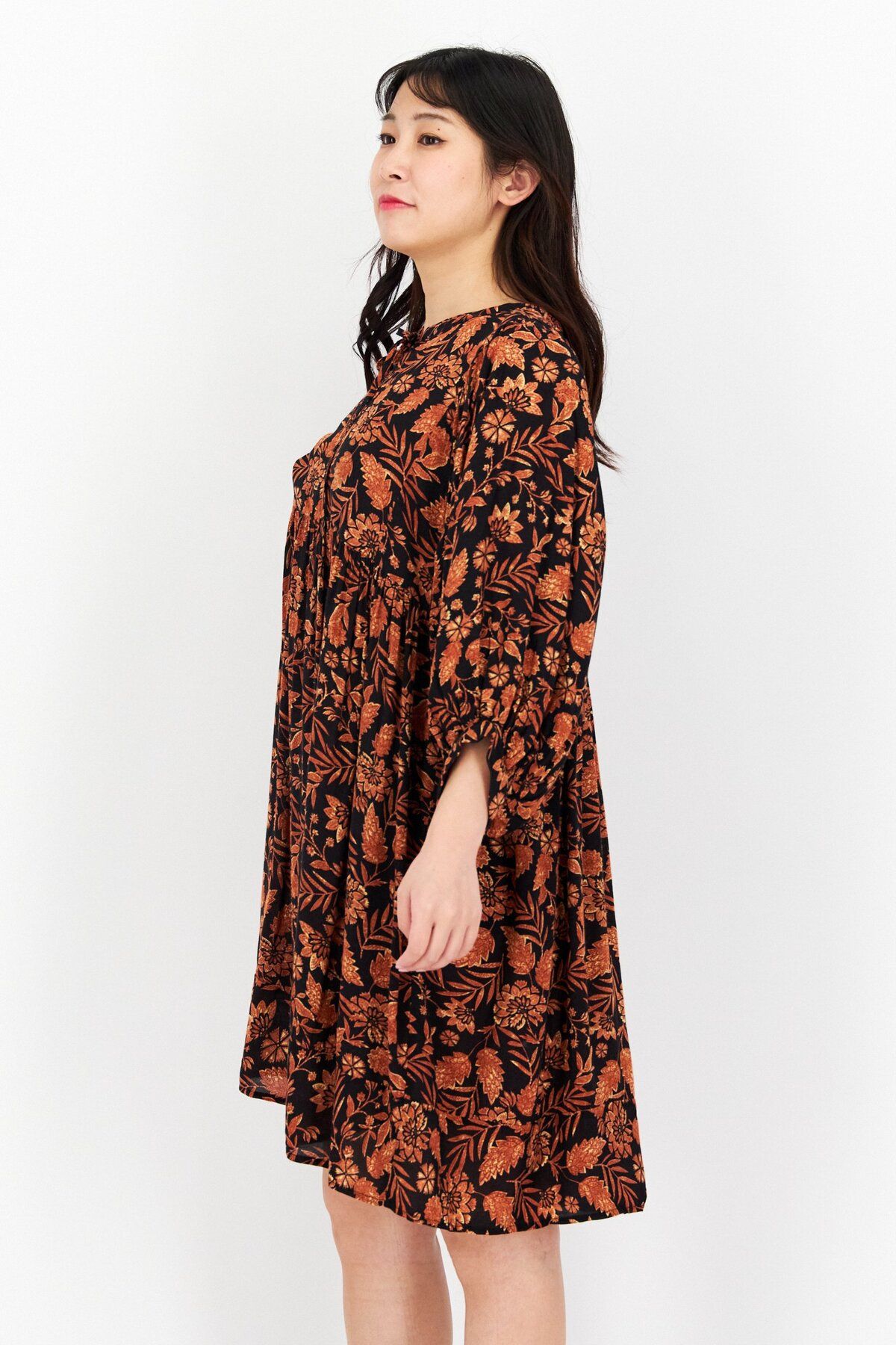 ELAN-Women Floral Print Mini Dress, Black/Brown 3
