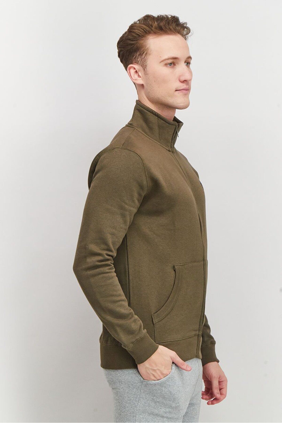 French Connection-Men Mock Neckline Long Sleeves Brand Logo Sweatshirt, Khaki and Olive 4