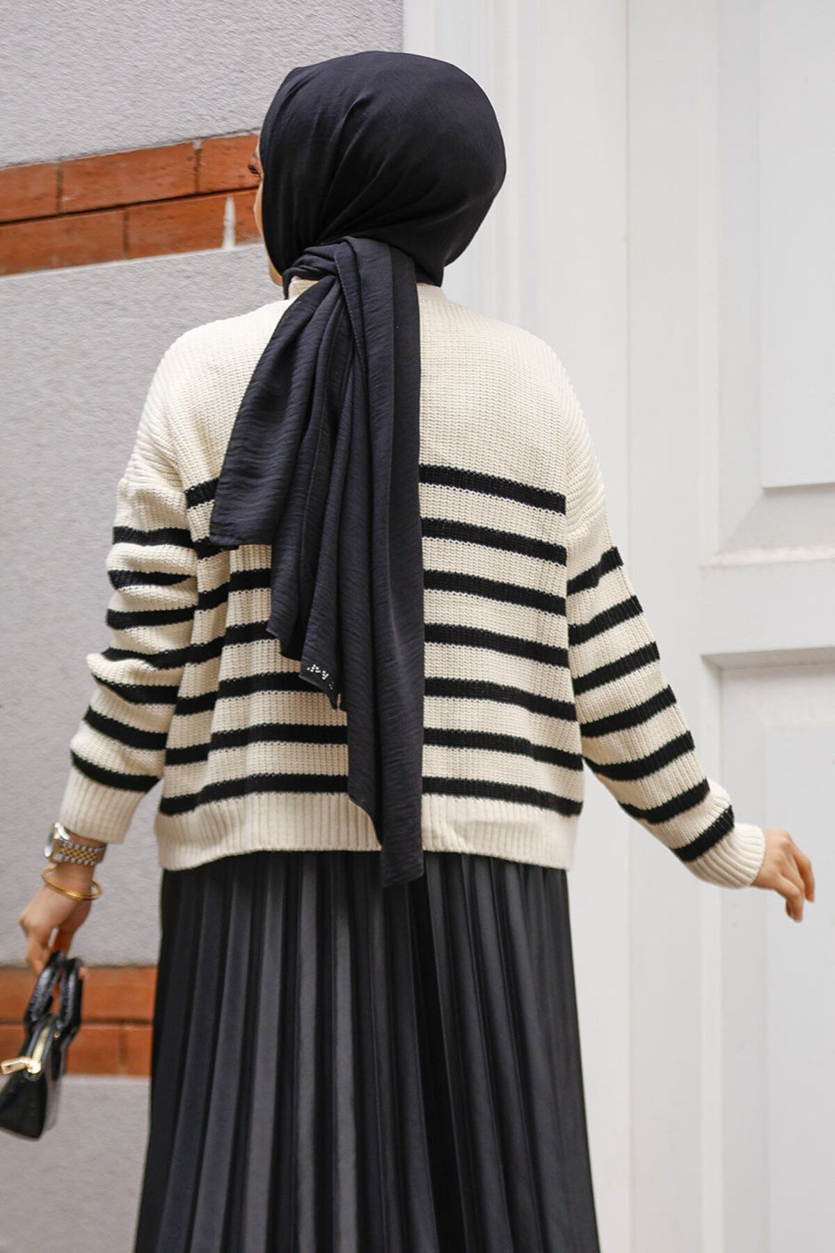 Neva Style-Striped Ecru Hijab Sweater Cardigan 511001 E 3