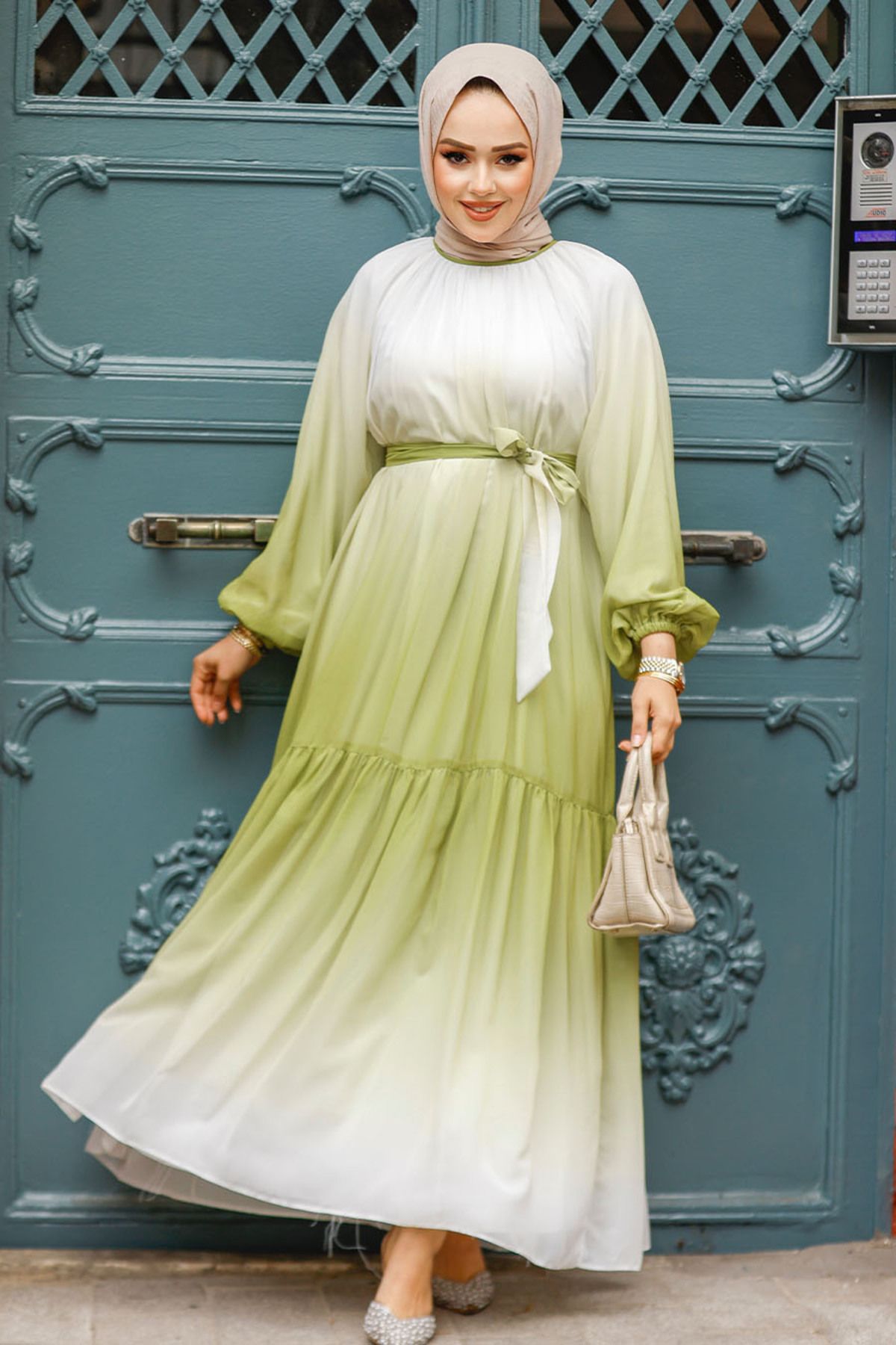 Neva Style-Oil Green Color Transition Hijab Dress - 12536Yy 1
