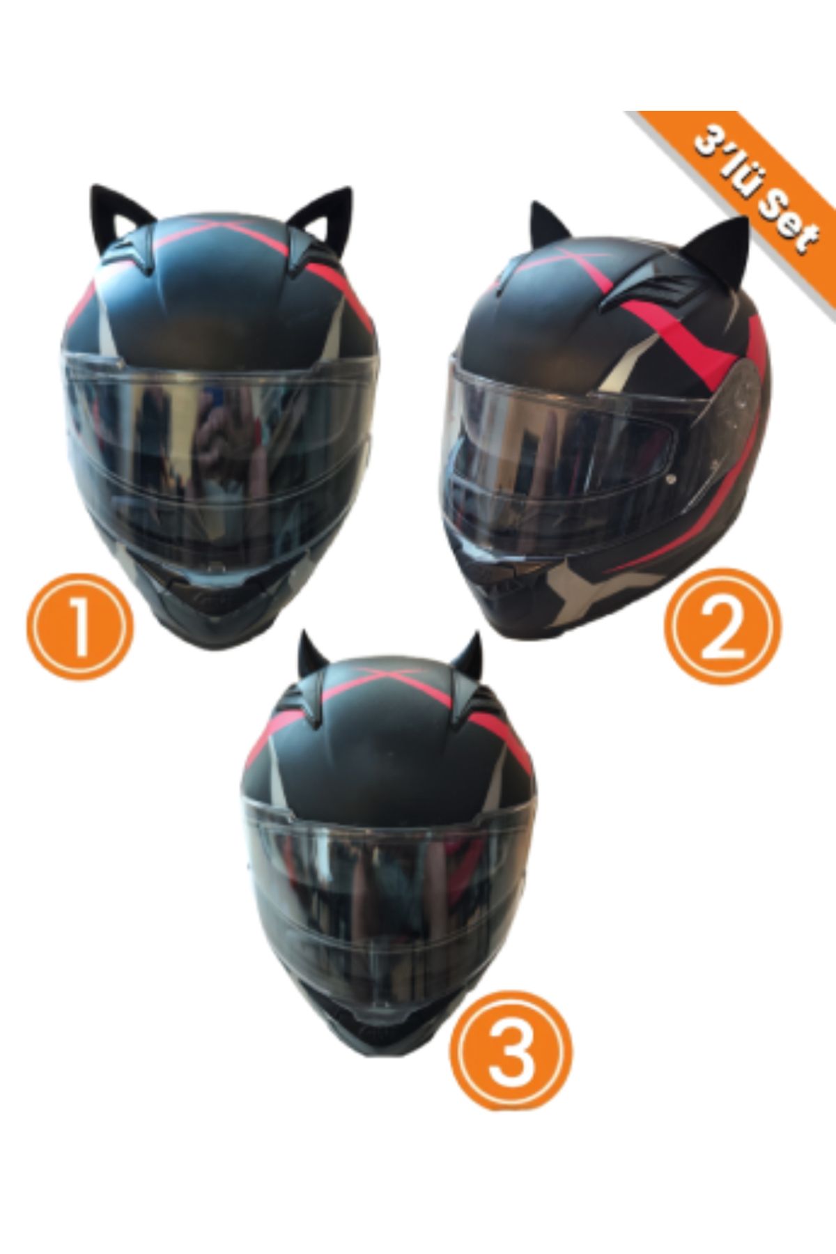 3dfabrick Kask süsü -3 lü set Kedi kulağı,kask boynuzu ve Rüzgar Tutmaz kedi kulağı sağ sol takım-siyah