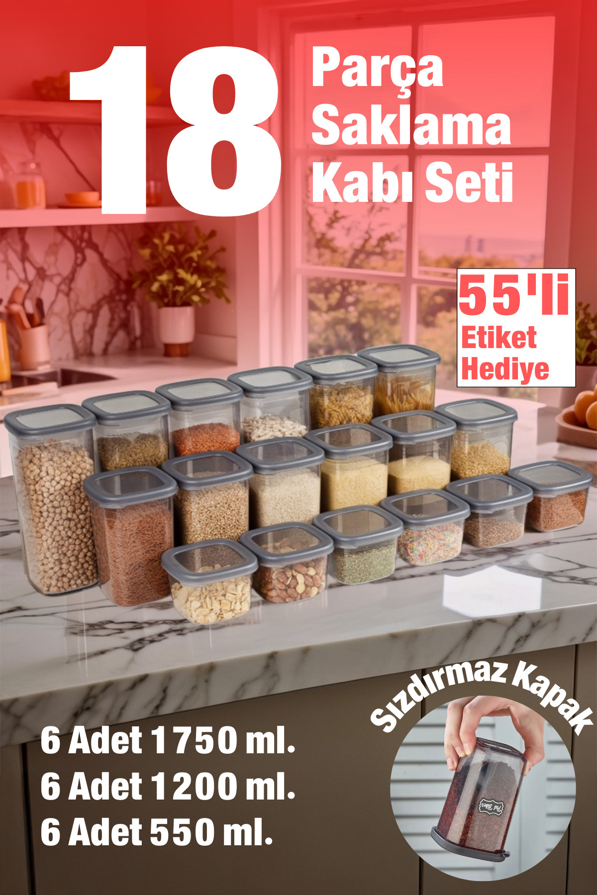 welcomein-18 Pieces 36 Pieces 550 Ml. 1200 Ml. 1750 Ml. Square Food Storage Container Set with Leak Proof Lid 1