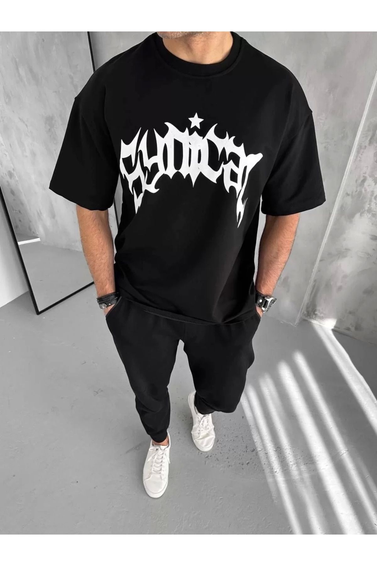 CVS Unisex Bisiklet Yaka Baskılı Oversize T-Shirt - Siyah
