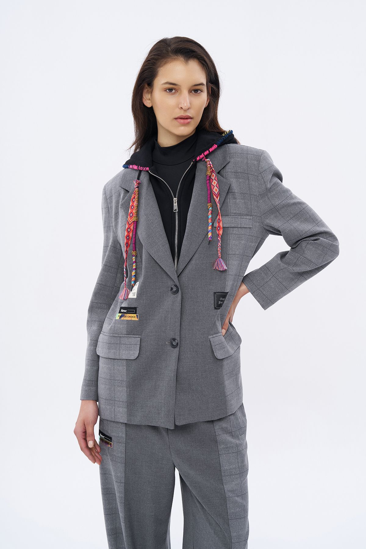 Quzu-Gray Colored Stringed Blazer Jacket - Hood Detail 1