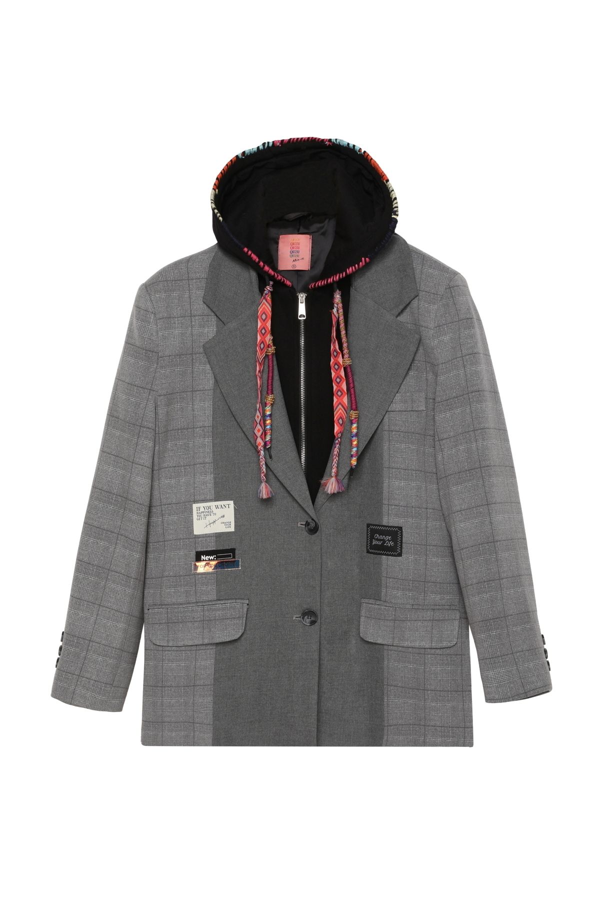 Quzu-Gray Colored Stringed Blazer Jacket - Hood Detail 2