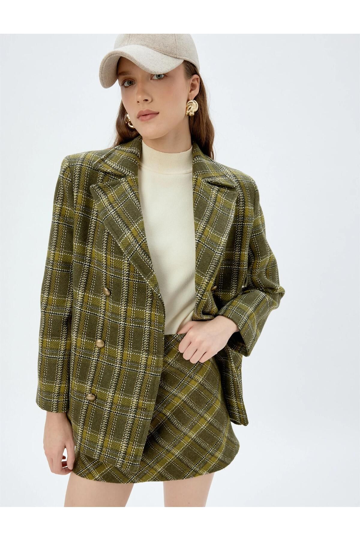 Koton 5wak70137ew 8c5 Spódnica Damska Tkana W Kratę Khaki Kobieta - 38