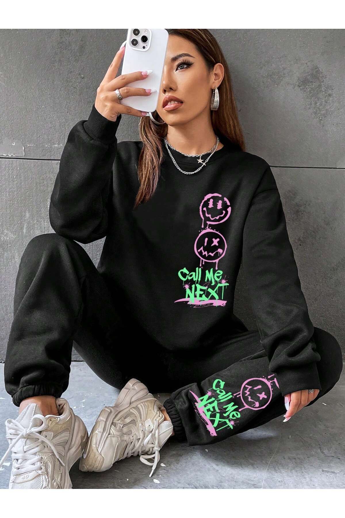 FoxSkin Sportswear&Company Call Me Next Tasarım Baskılı Oversize Alt Üst Eşofman Takımı Lastik Paça