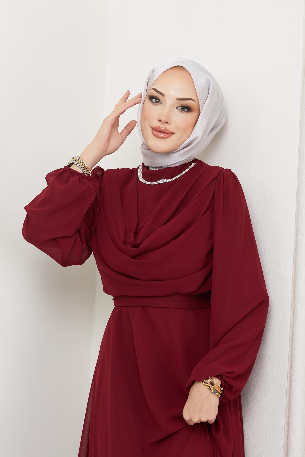 hakimoda-Rochie de seara Hijab Rosie Claret - Marime Plus, Guler Sal, Model Ariyana 3