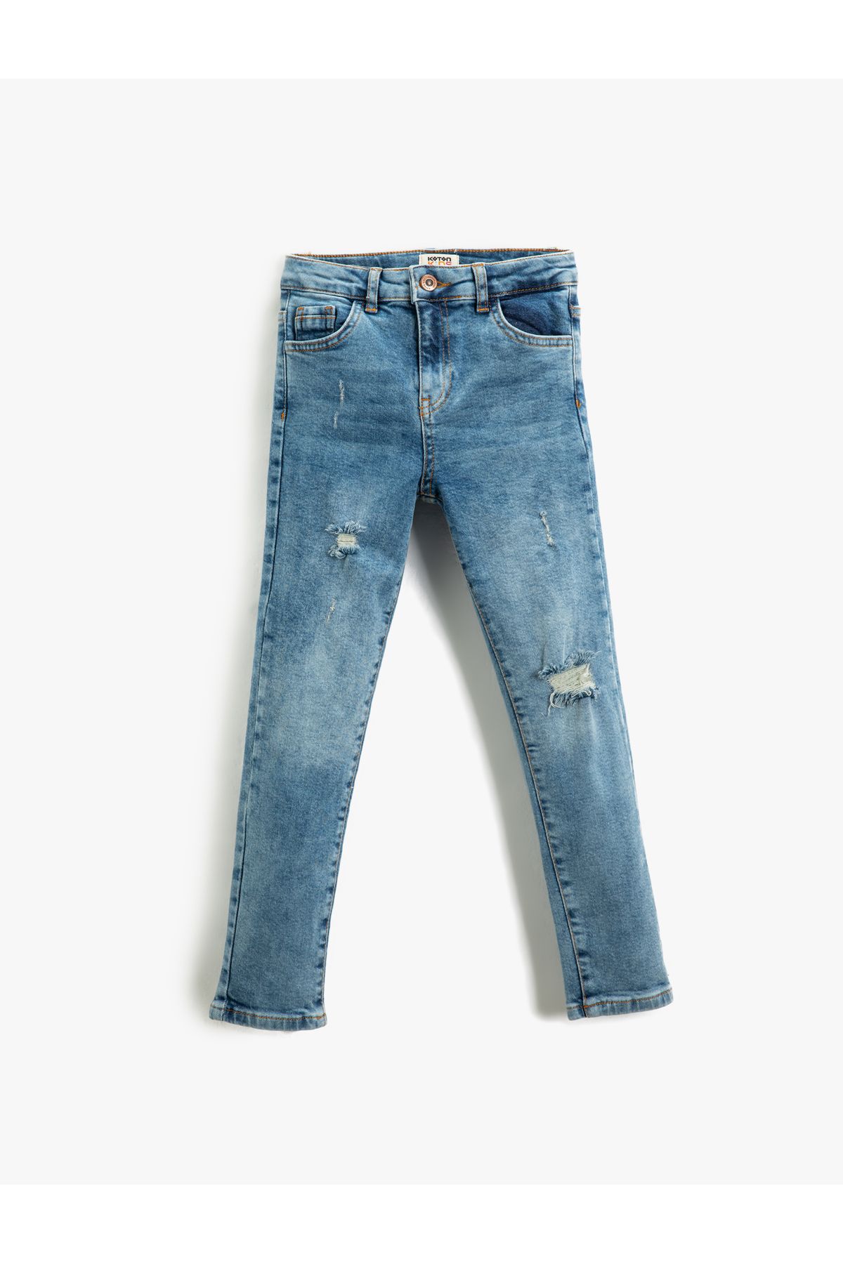Kot Pantolon Yıpratılmış Detaylı Pamuklu Cepli - Slim Jean Beli Ayarlanabilir Lastikli