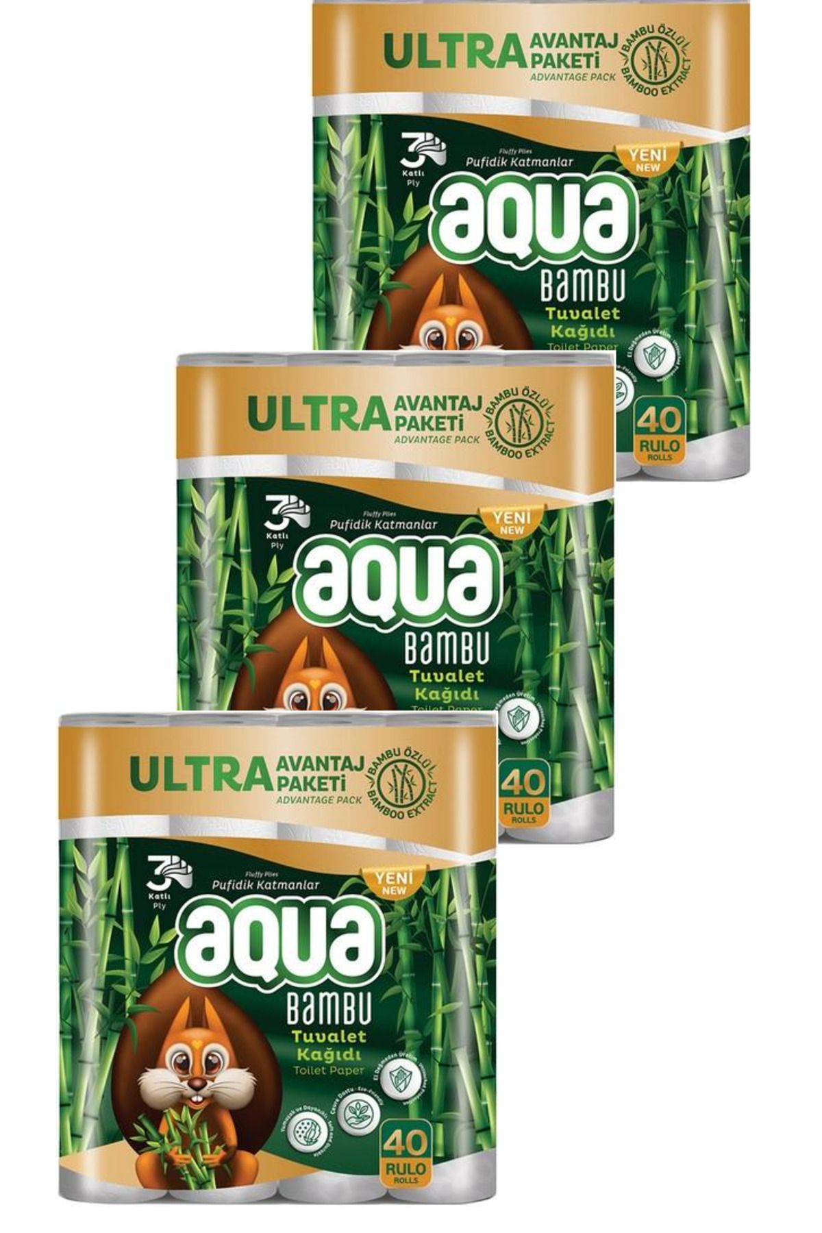 Aqua 3 Katlı  Bambu Özlü Tuvalet Kağıdı  120 Rulo (40 RULO X 3 PAKET)