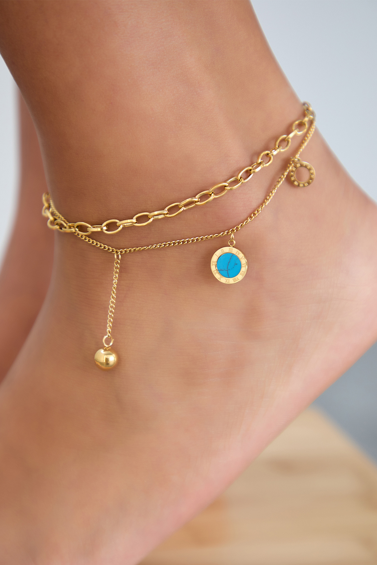 Lina Tia Kadın Halka Mercan Taşlı Uzun Zincir Boncuk Sallantılı Kalın Zincirli Altın Kaplama Çelik Halhal