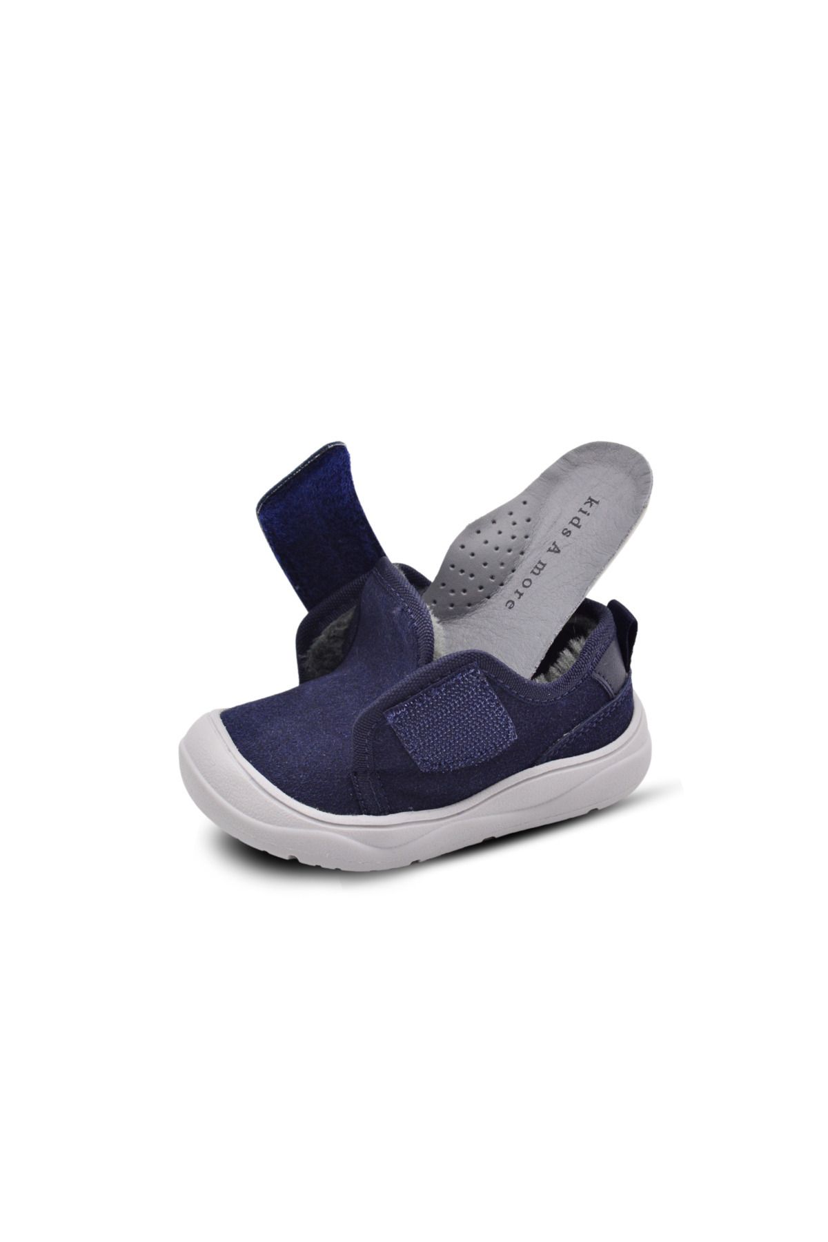 kids A more-Wide Single Velcro Plush Fur Anatomical Baby Boy Shoes Navy Blue 6