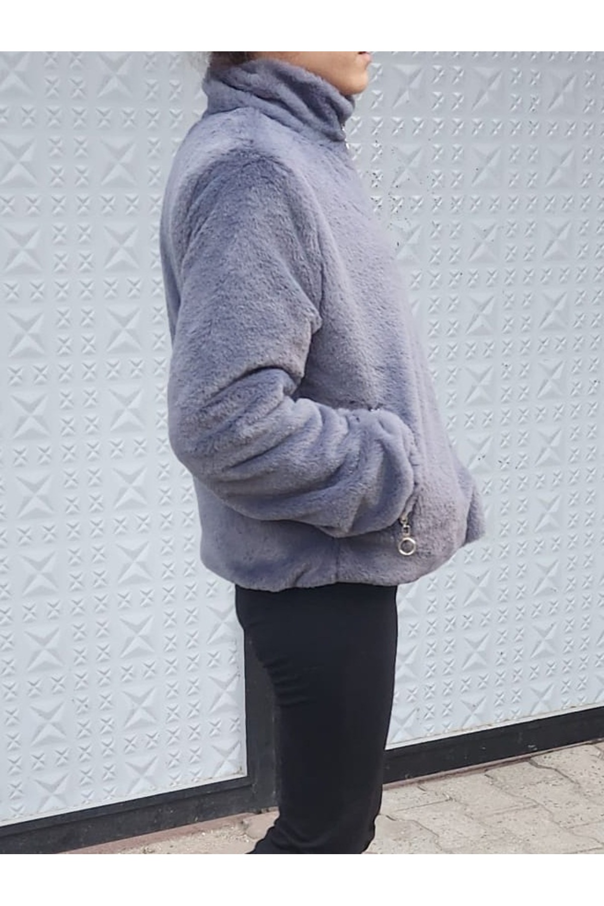 TwillCollection  Gri Fermuarlı Kadın Kürk Mont - Görsel 4