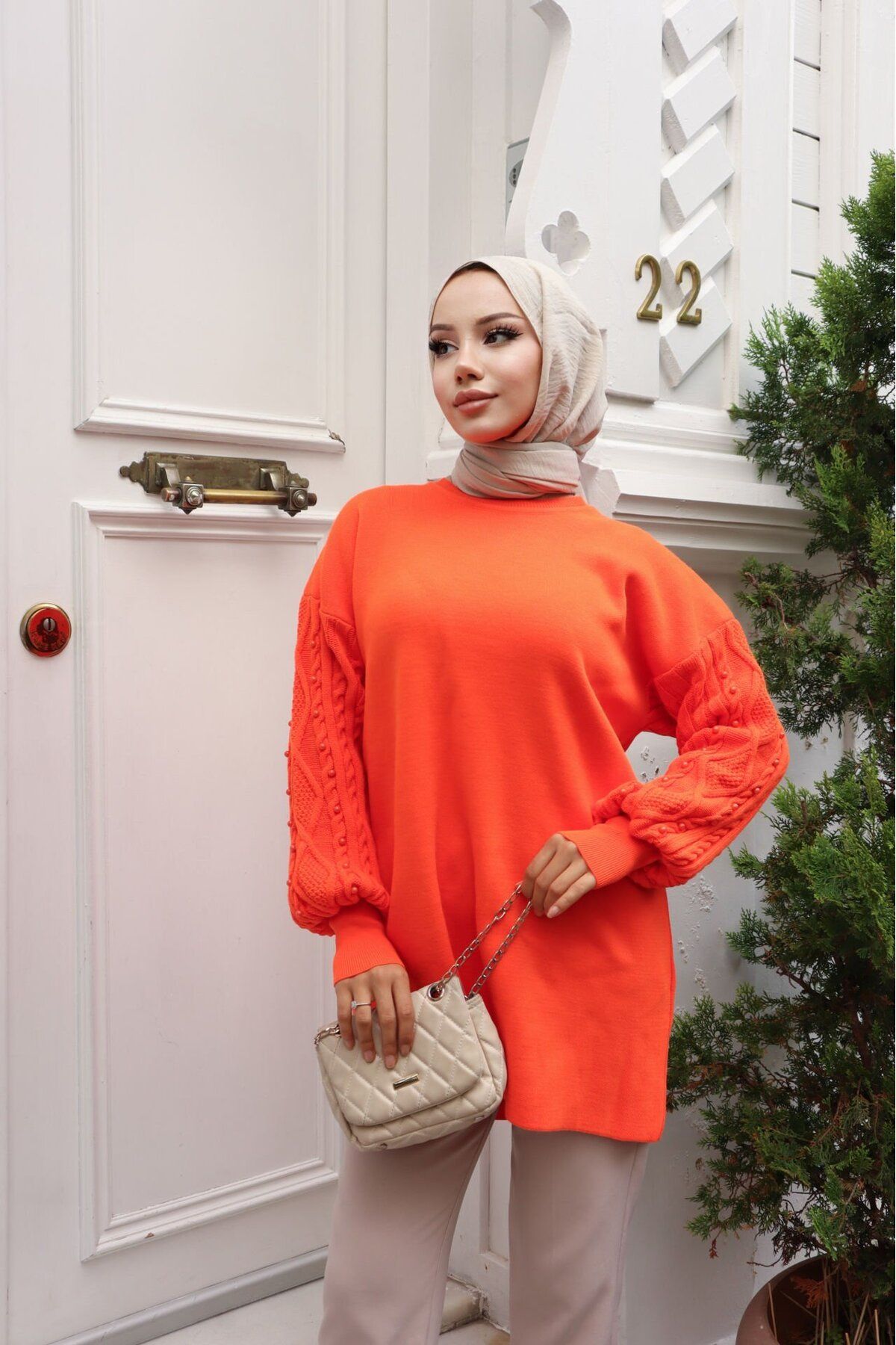 COFBUTİK-Orange Long Knitwear Sweater - Bead Detailed Sleeves 2