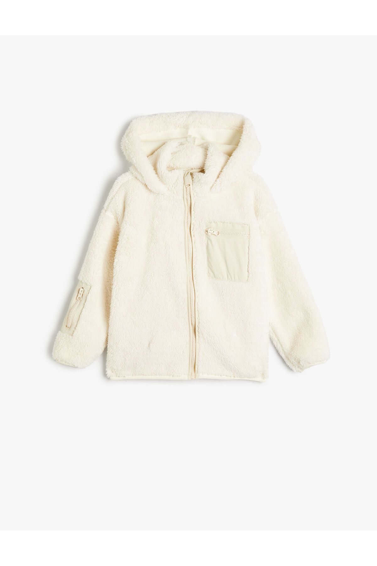 Koton-Hooded Plush Jacket with Zipper Pocket Detail 1