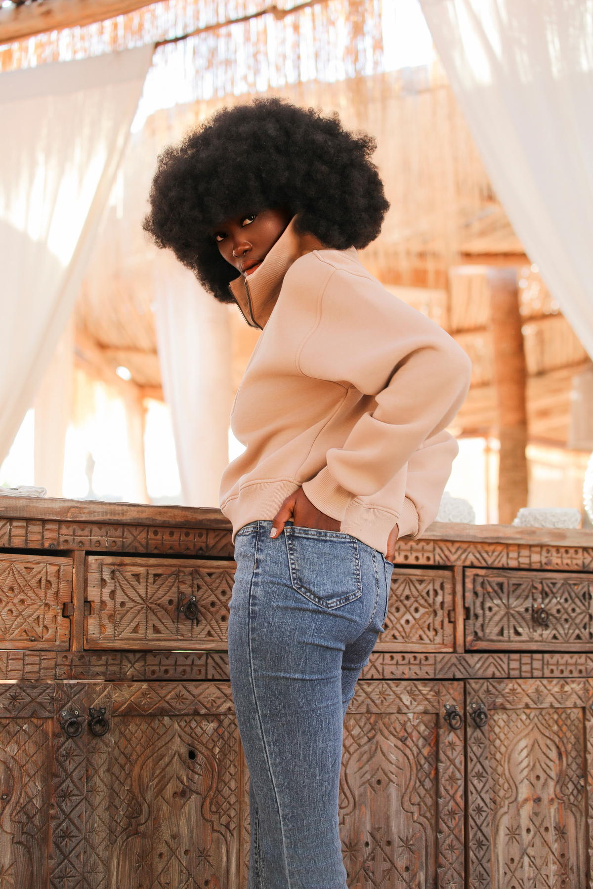 Whish  Alegre Sand Loose Fit Yarım Crop Fermuarlı Sweatshirt - Görsel 3