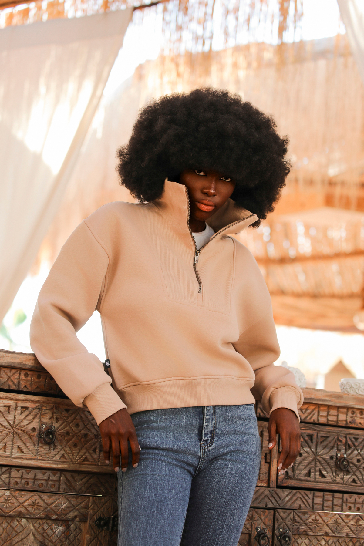 Whish  Alegre Sand Loose Fit Yarım Crop Fermuarlı Sweatshirt - Görsel 6