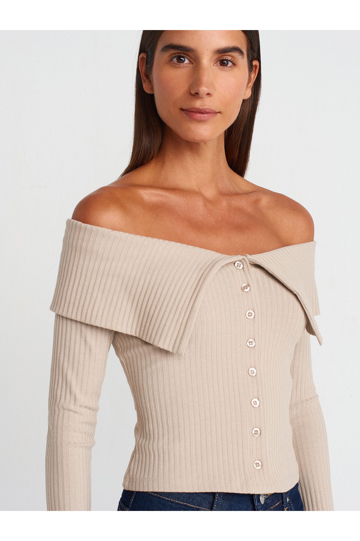 Dilvin-31269 Open Shoulders Buttoned Ball-Open Stone 4
