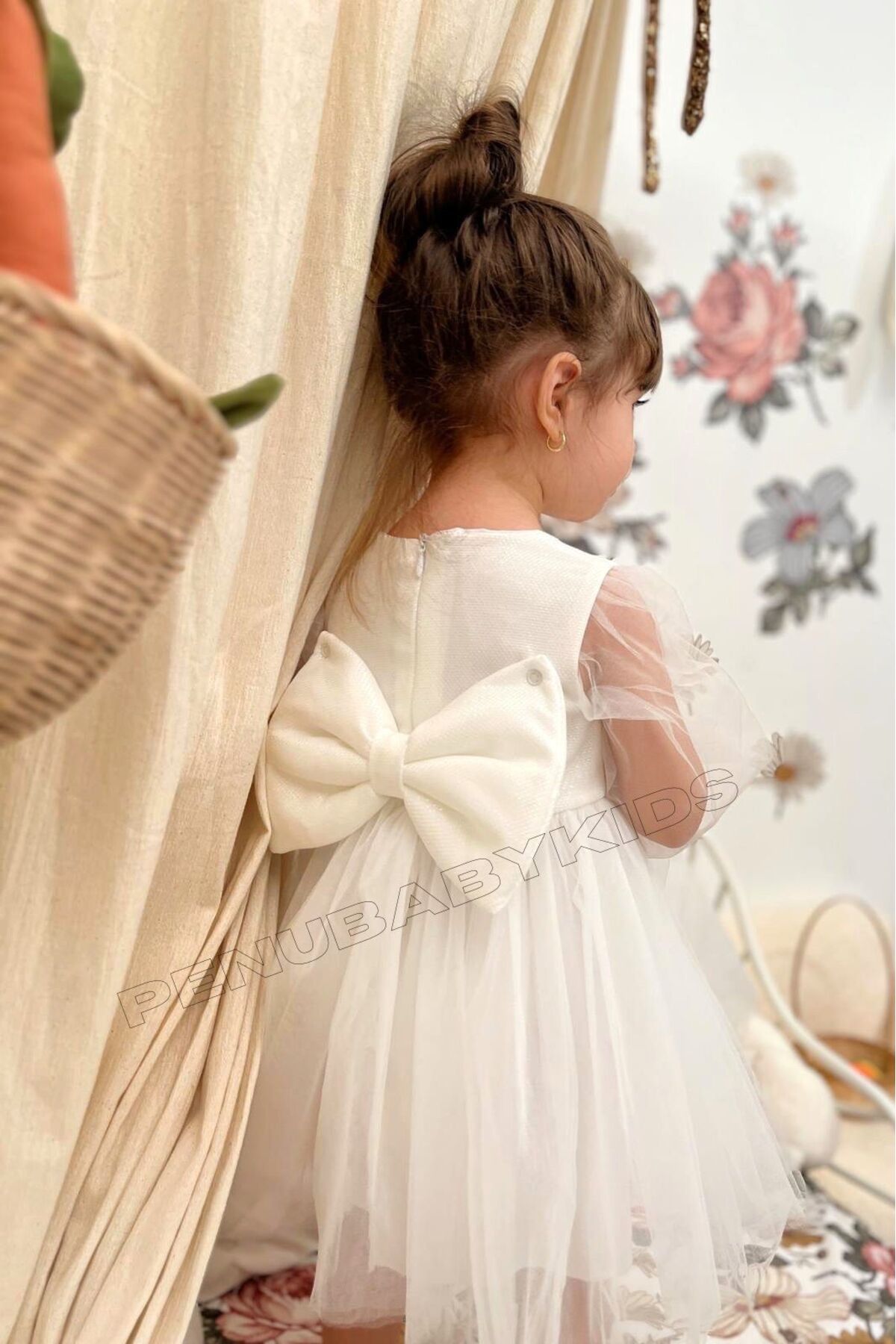 penu baby kids Beyaz Uzun Tül Kol Detaylı Tütülü Kız Bebek Elbise fotoğrafı 4 (önizleme)