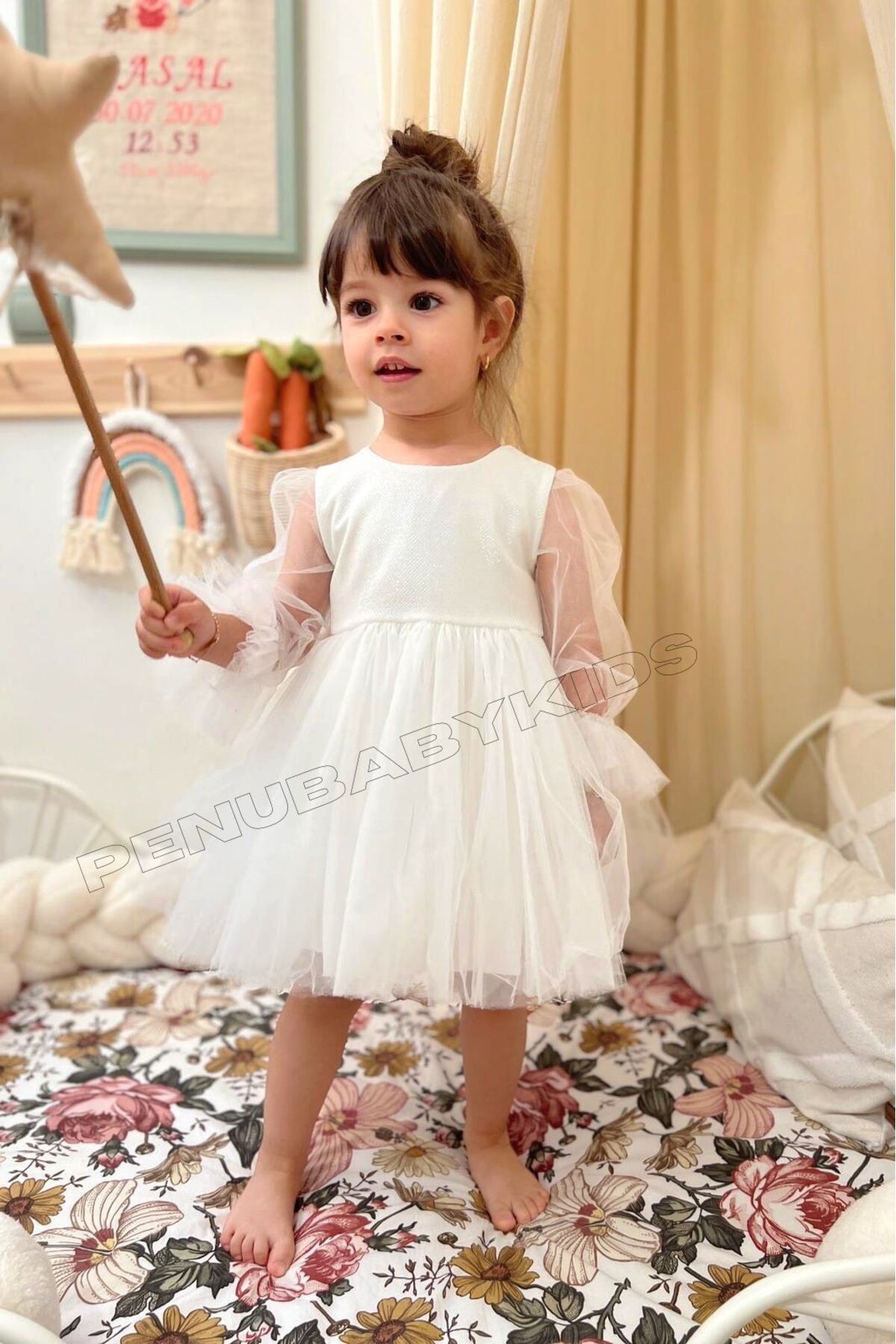 penu baby kids Beyaz Uzun Tül Kol Detaylı Tütülü Kız Bebek Elbise fotoğrafı 2 (önizleme)