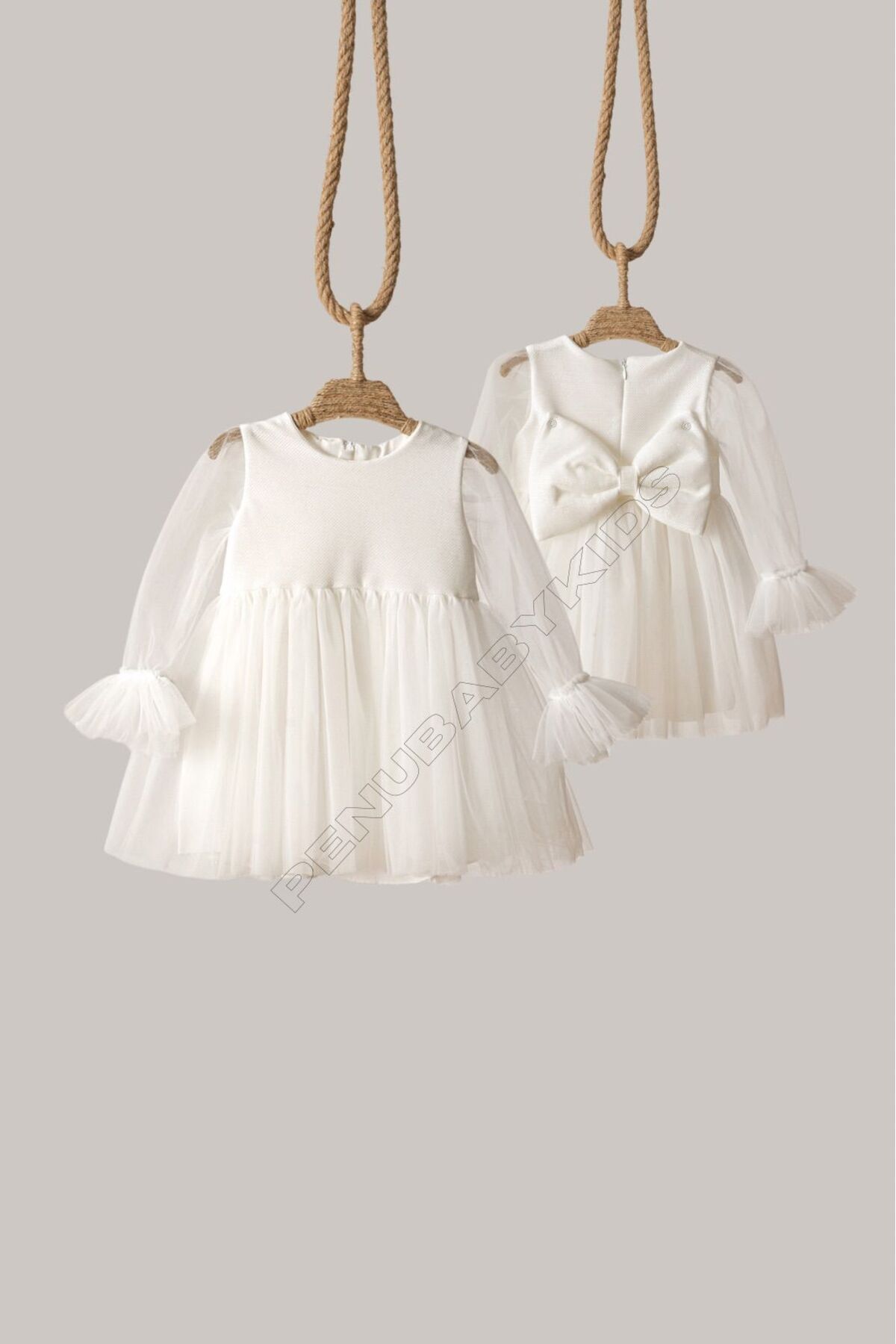 penu baby kids Beyaz Uzun Tül Kol Detaylı Tütülü Kız Bebek Elbise fotoğrafı 7 (önizleme)