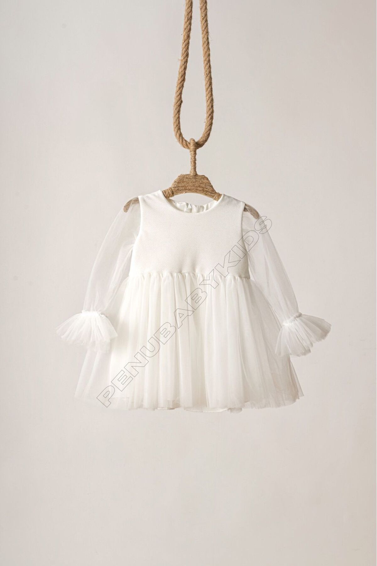 penu baby kids Beyaz Uzun Tül Kol Detaylı Tütülü Kız Bebek Elbise fotoğrafı 3 (önizleme)