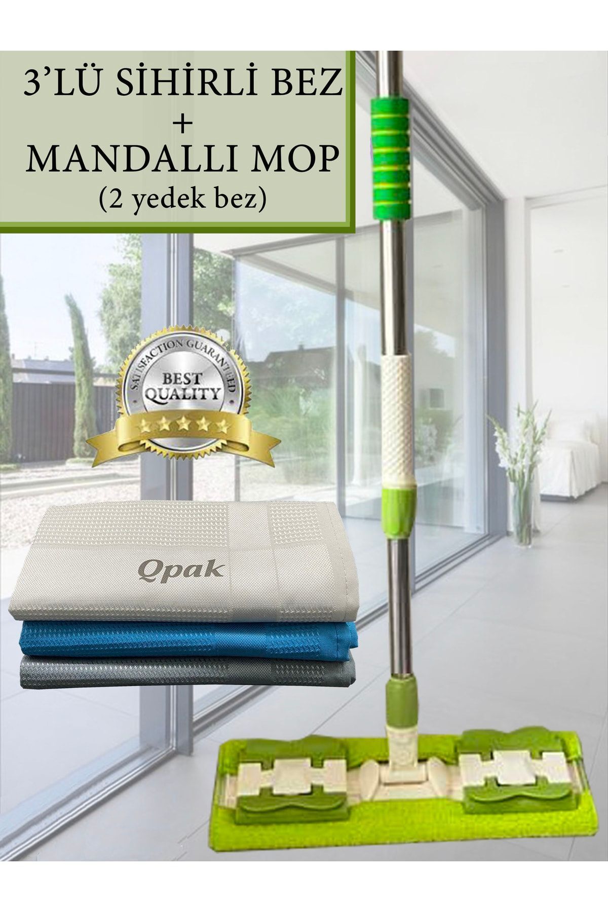 qpak Temizlik Seti Mandallı Teleskopik Mop (2 YEDEK BEZ) 3'lü Sihirli Bezz