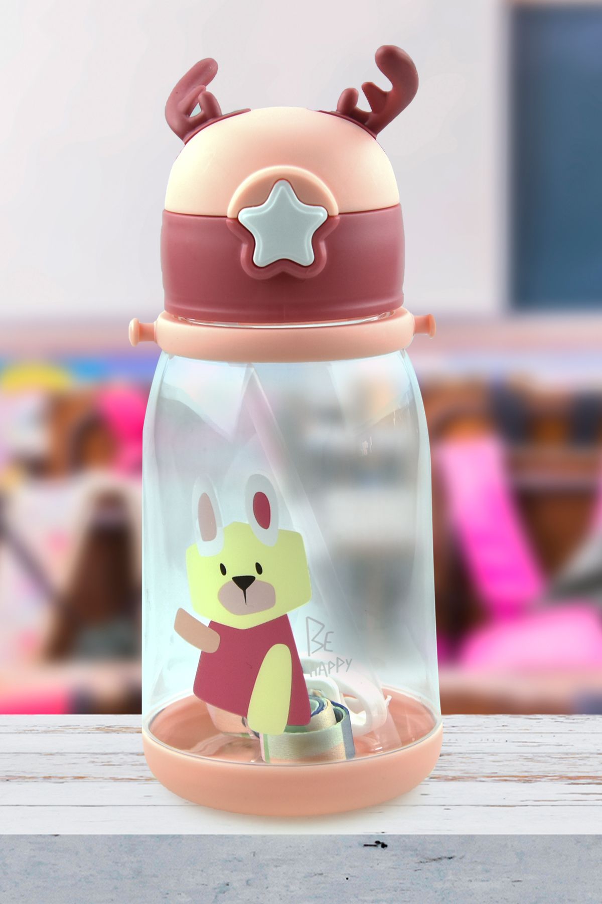 Kids Like-600 ml Healthy Deer Figured Polycarbonate Flask - with Straw and Hanger 1