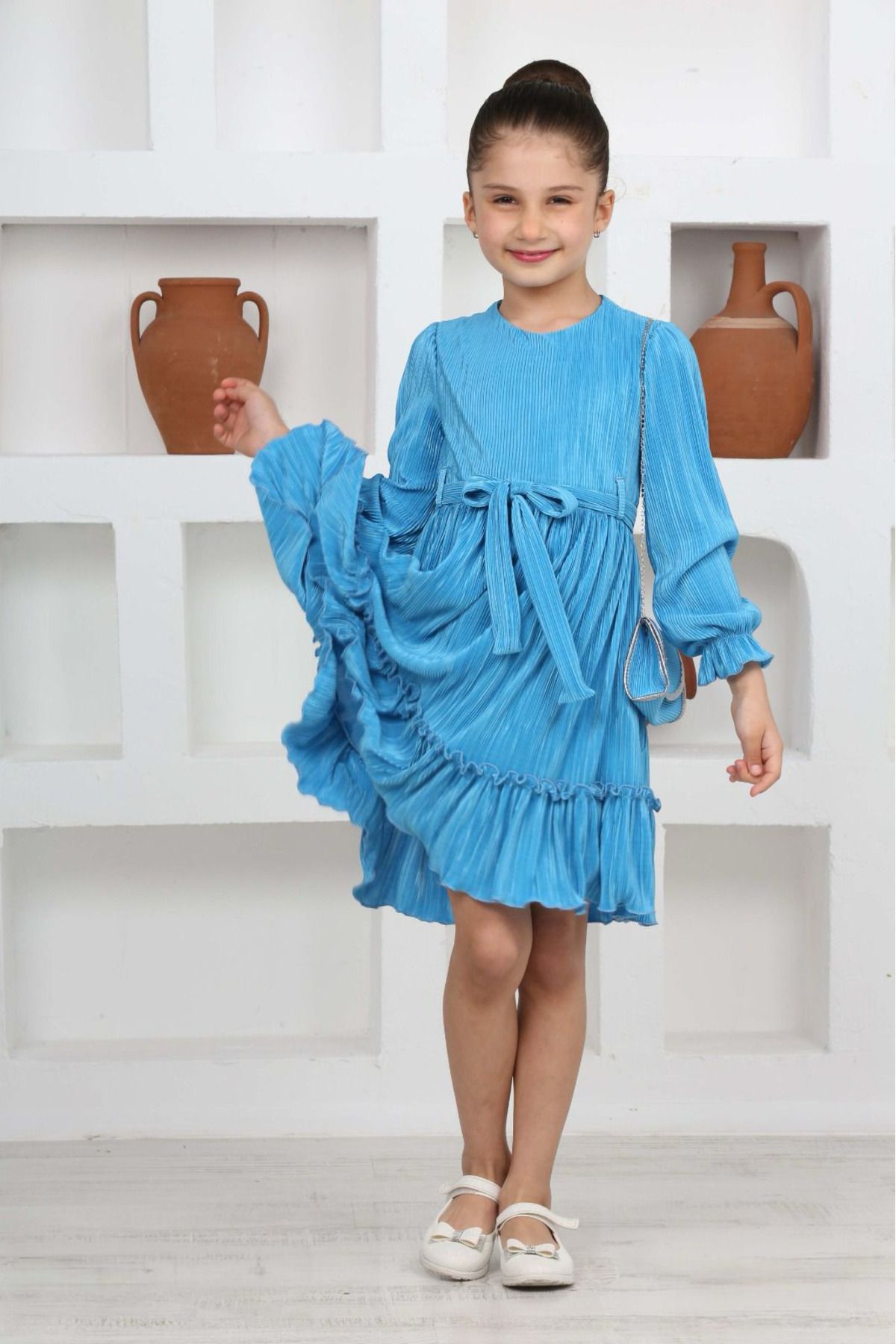 Pantulux-Rochie pentru copii din satin tricotat elastic albastru deschis cu căptușeală plisată 4
