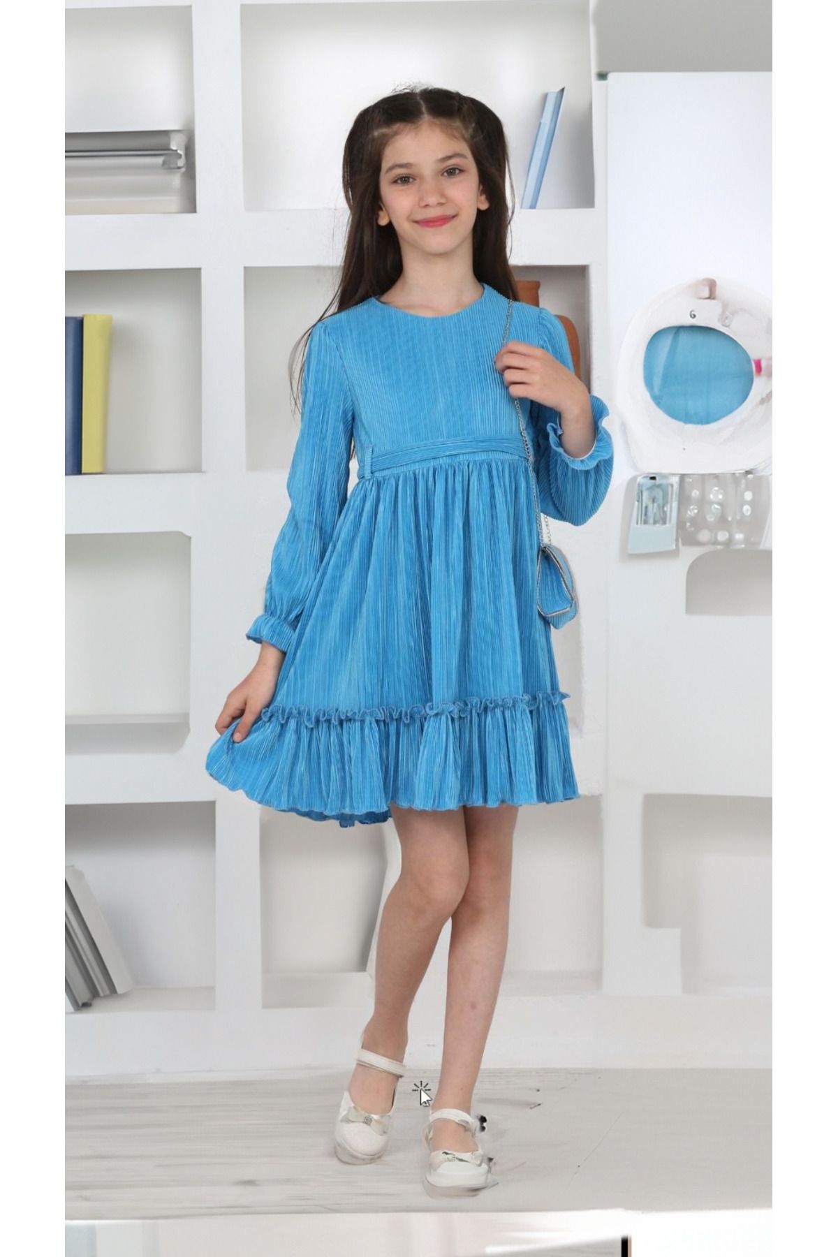 Pantulux-Rochie pentru copii din satin tricotat elastic albastru deschis cu căptușeală plisată 5