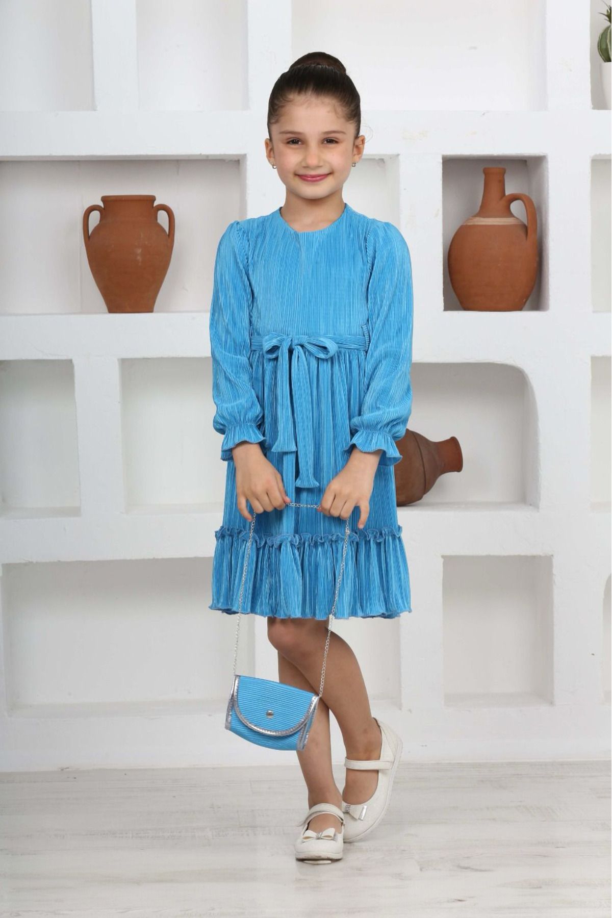 Pantulux-Rochie pentru copii din satin tricotat elastic albastru deschis cu căptușeală plisată 2