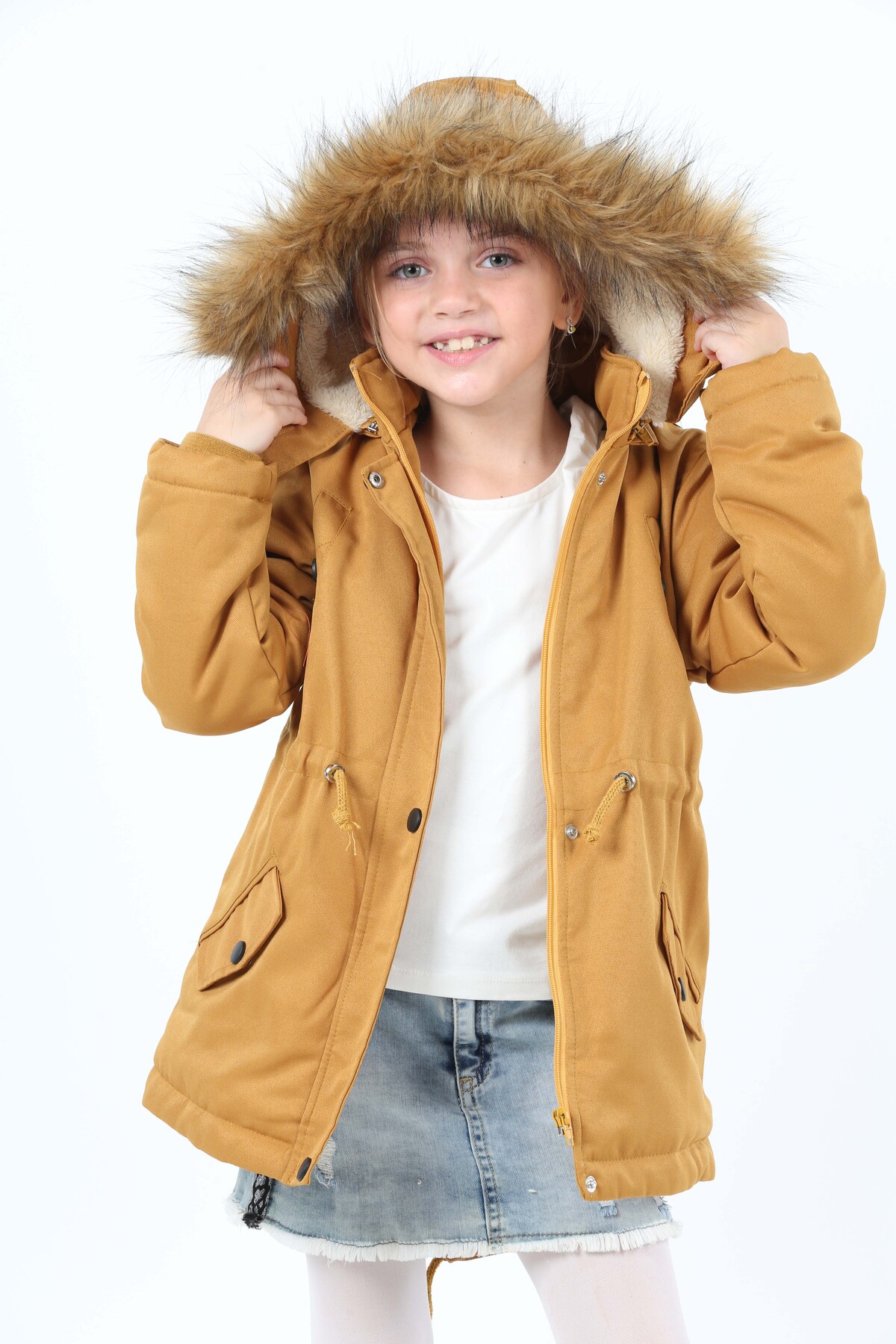 Girl Water Repellent Hooded Gabardine Coat with Zipper Snap Closure Pocket