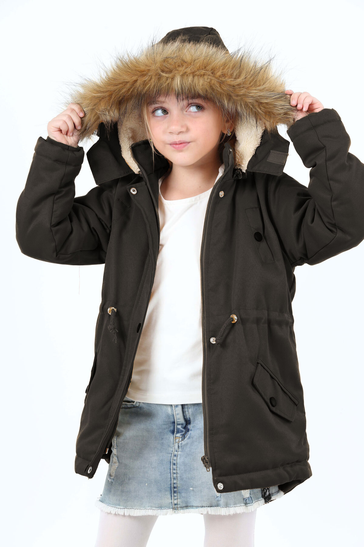Girl Water Repellent Hooded Gabardine Coat with Zipper Snap Closure Pocket