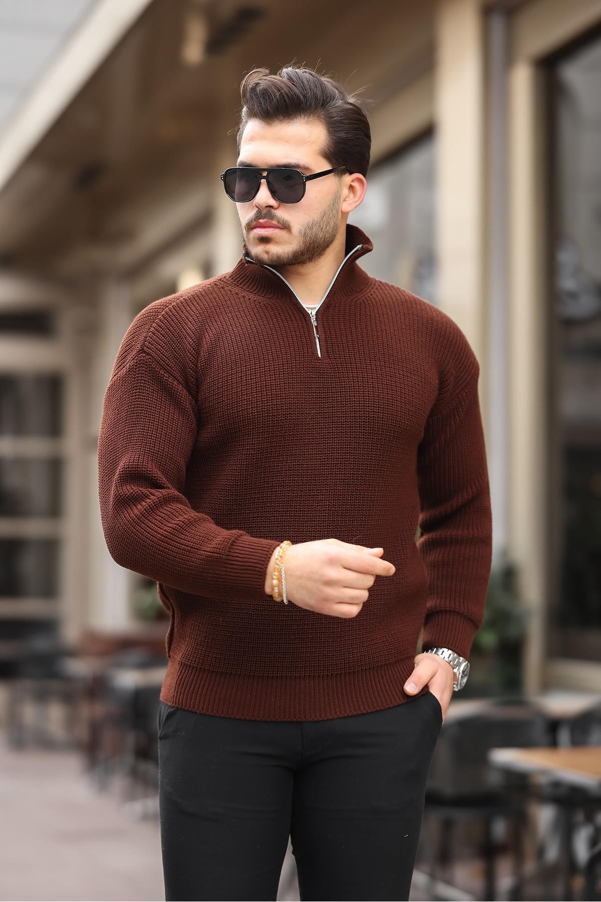 Valiberta-Oversize Thessaloniki Knit Half Zipper Men's Knitwear Sweater - Brown 1