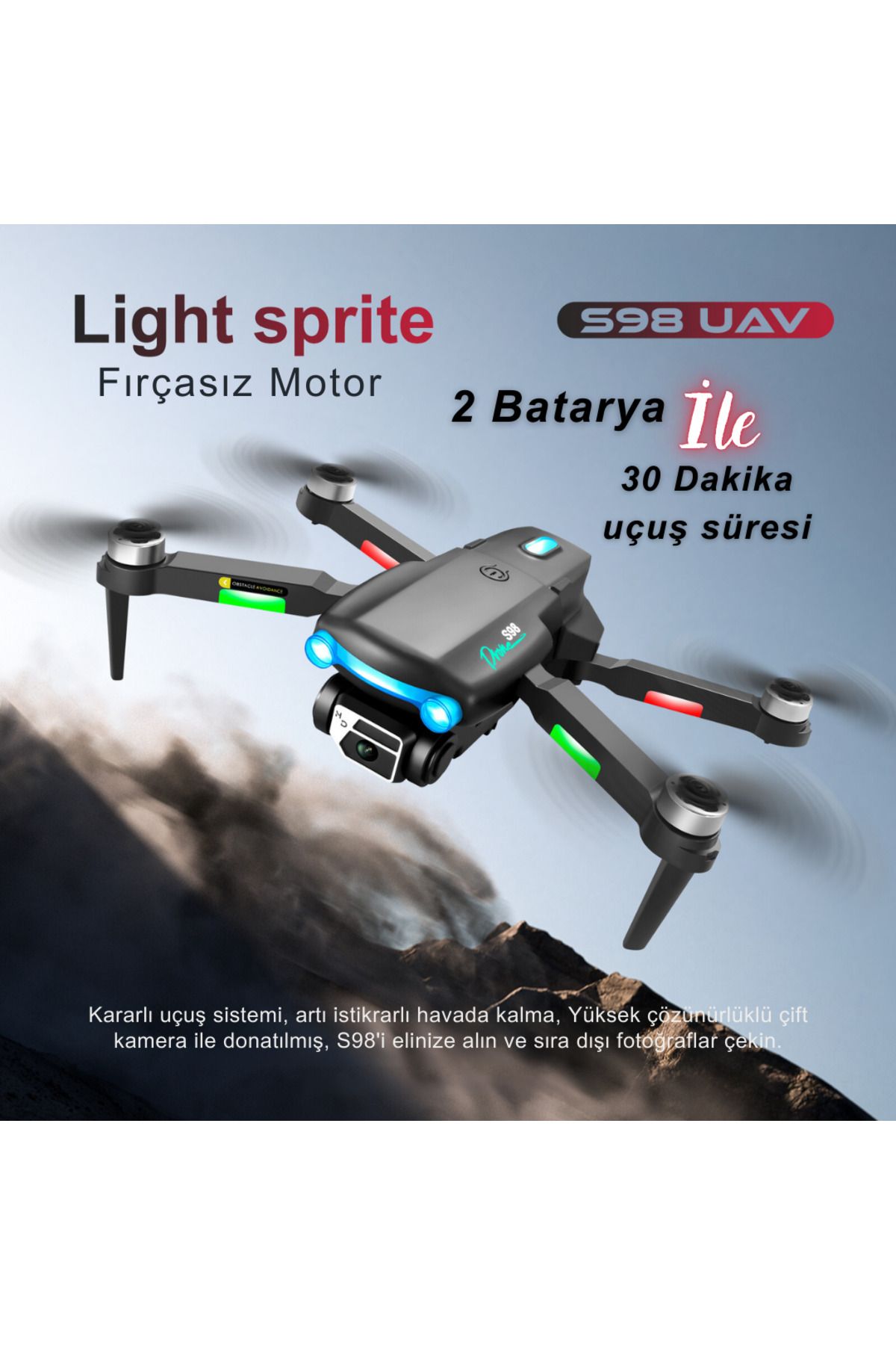 piha S98 Wıfı 4k Hd Çift Kameralı Işıklı 2 Batarya Ile 30dk Uçuş Süresi Taşıma Çantalı Mini Drone