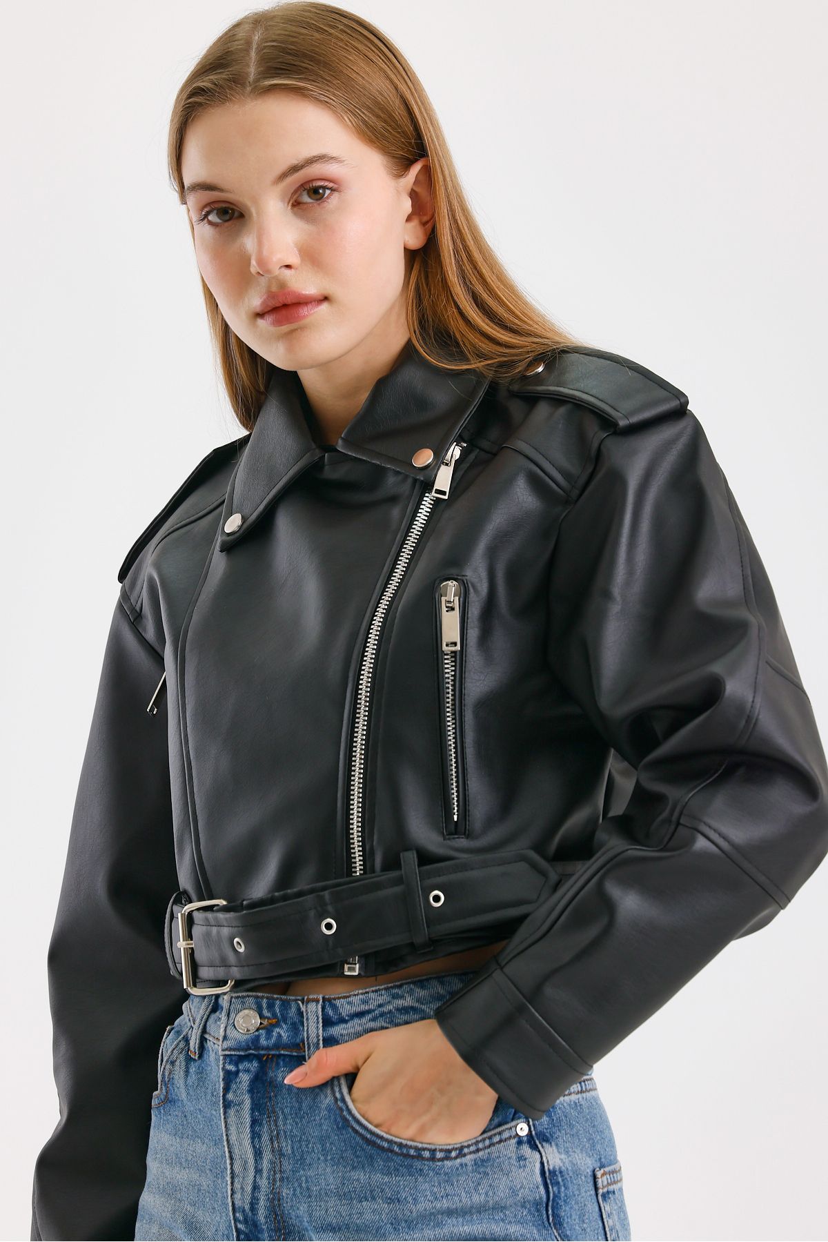 TREND KOMBİN-Black Belt Biker Leather Jacket 5