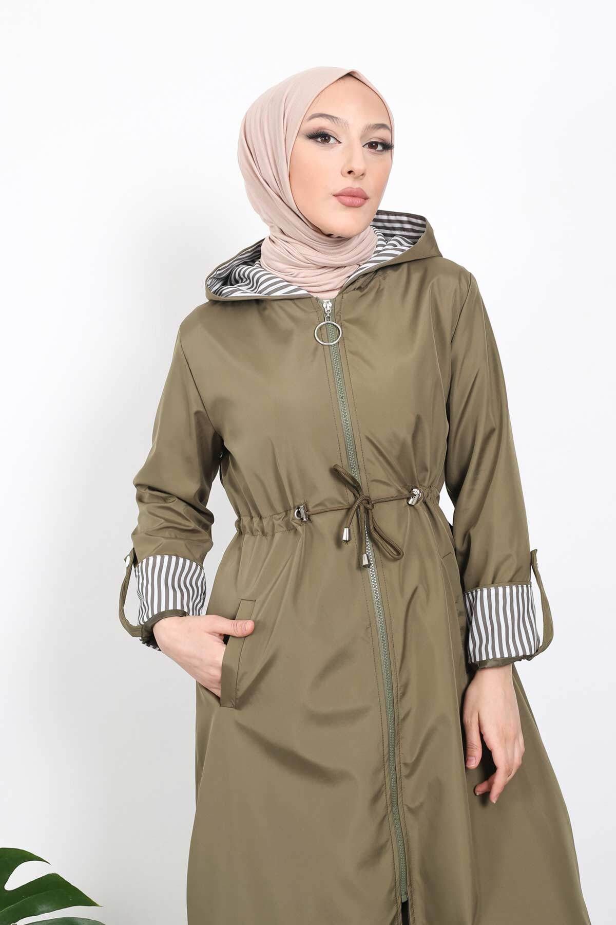 İmajButik-Khaki Waist Gathered Hooded Hijab Trench Coat 2