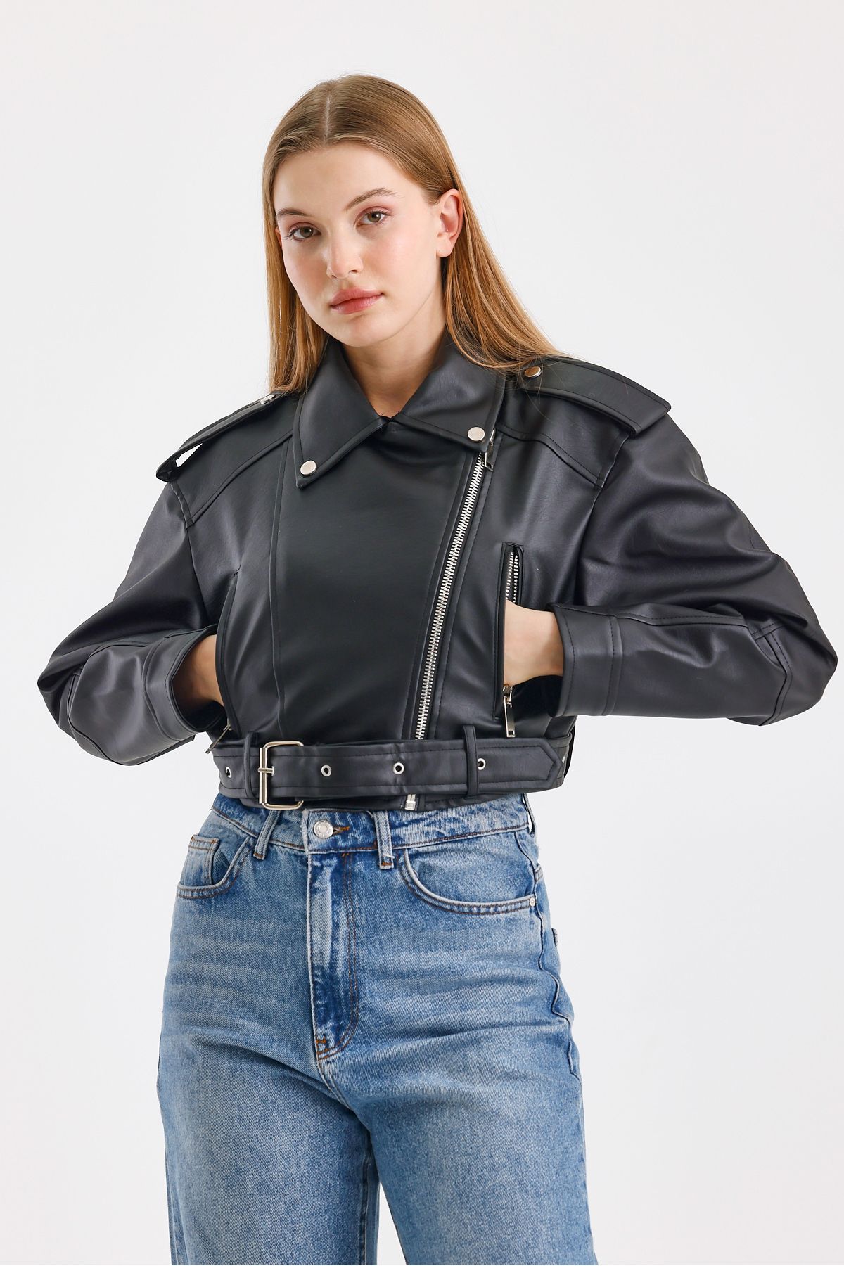 TREND KOMBİN-Black Belt Biker Leather Jacket 7