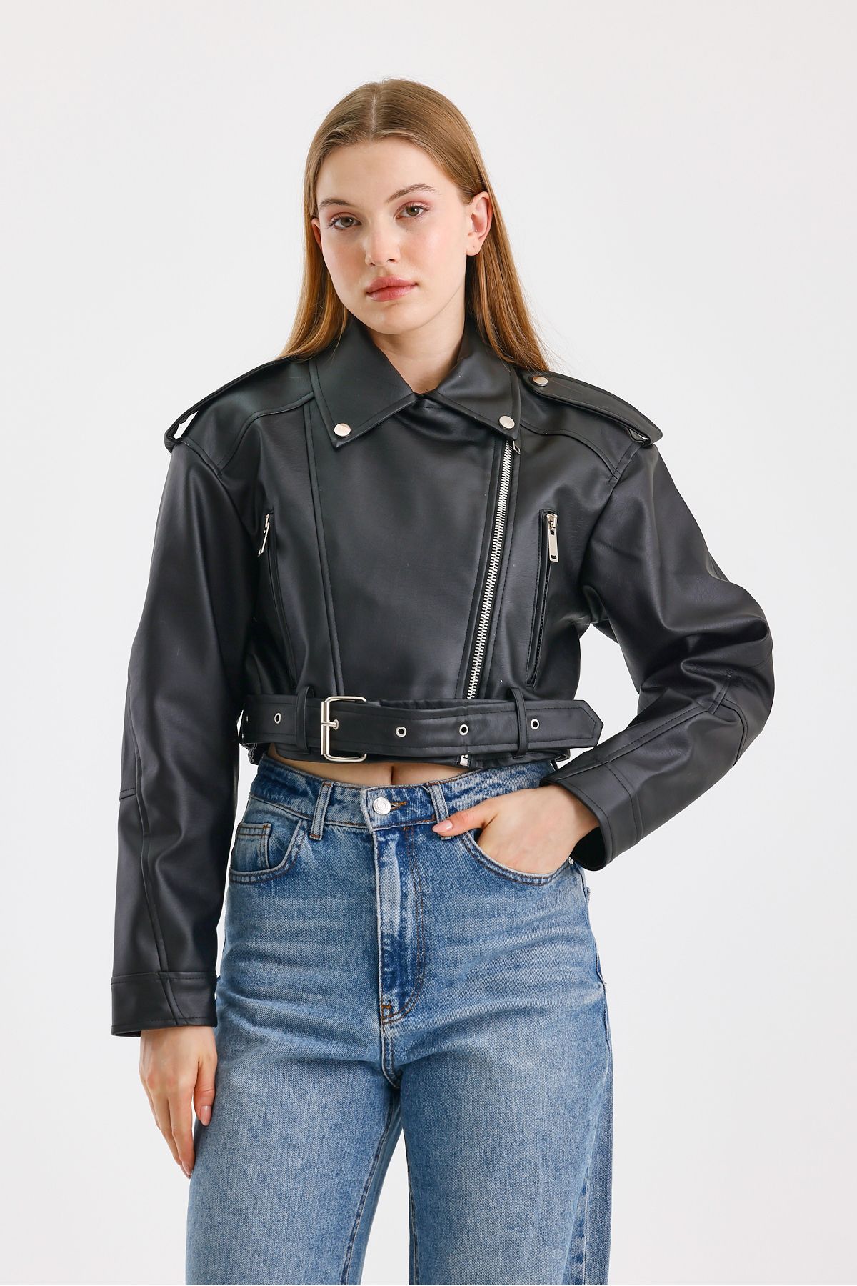 TREND KOMBİN-Black Belt Biker Leather Jacket 4