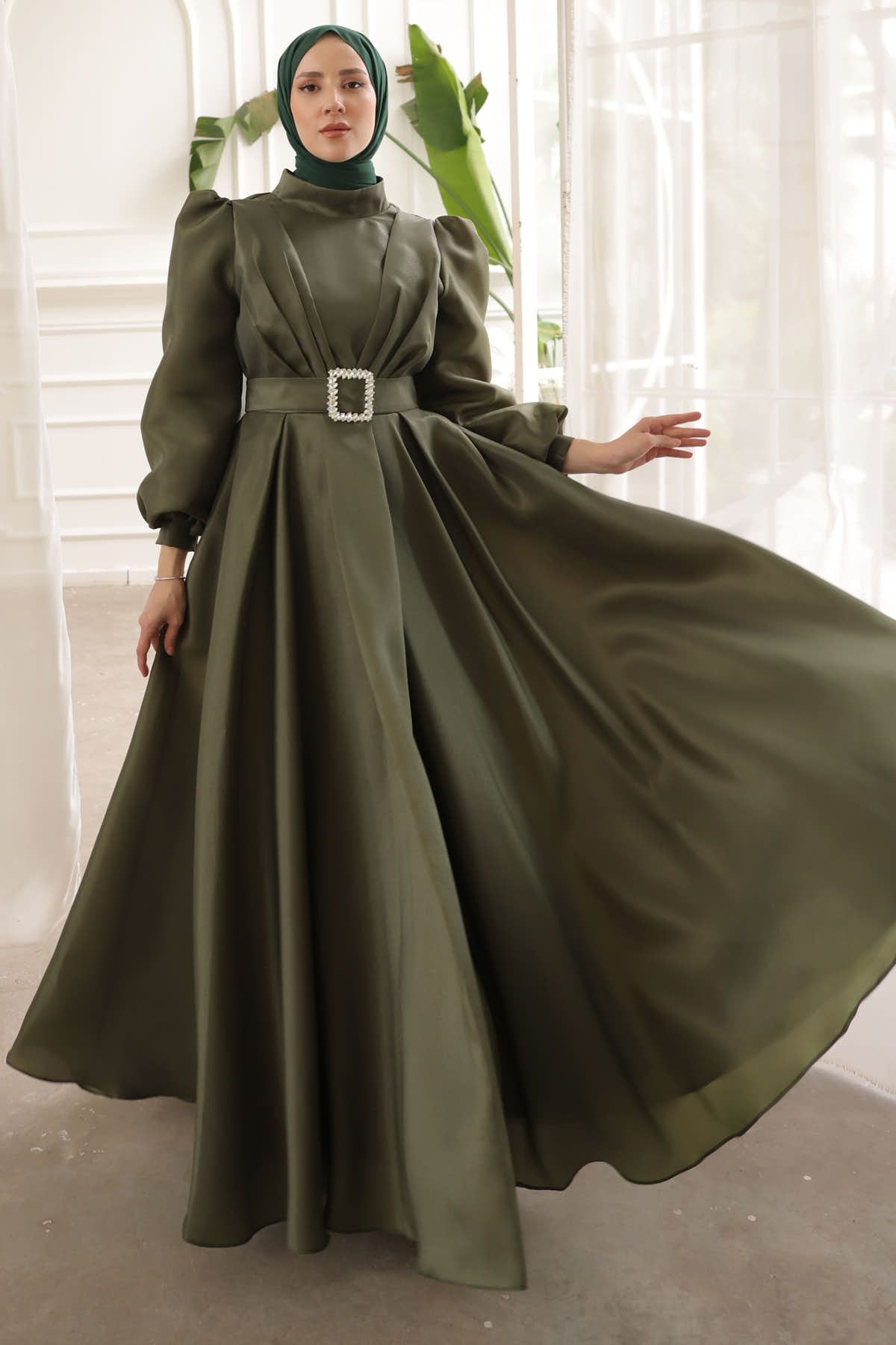 İmajButik-Khaki Balloon Sleeve Draped Evening Dress 3