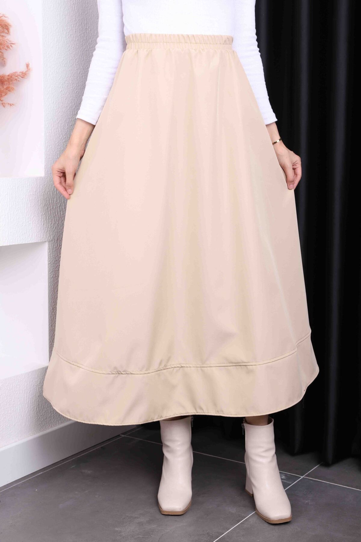 İmajButik-Beige Pocketed Elastic Waist Flared Bondit Skirt 2