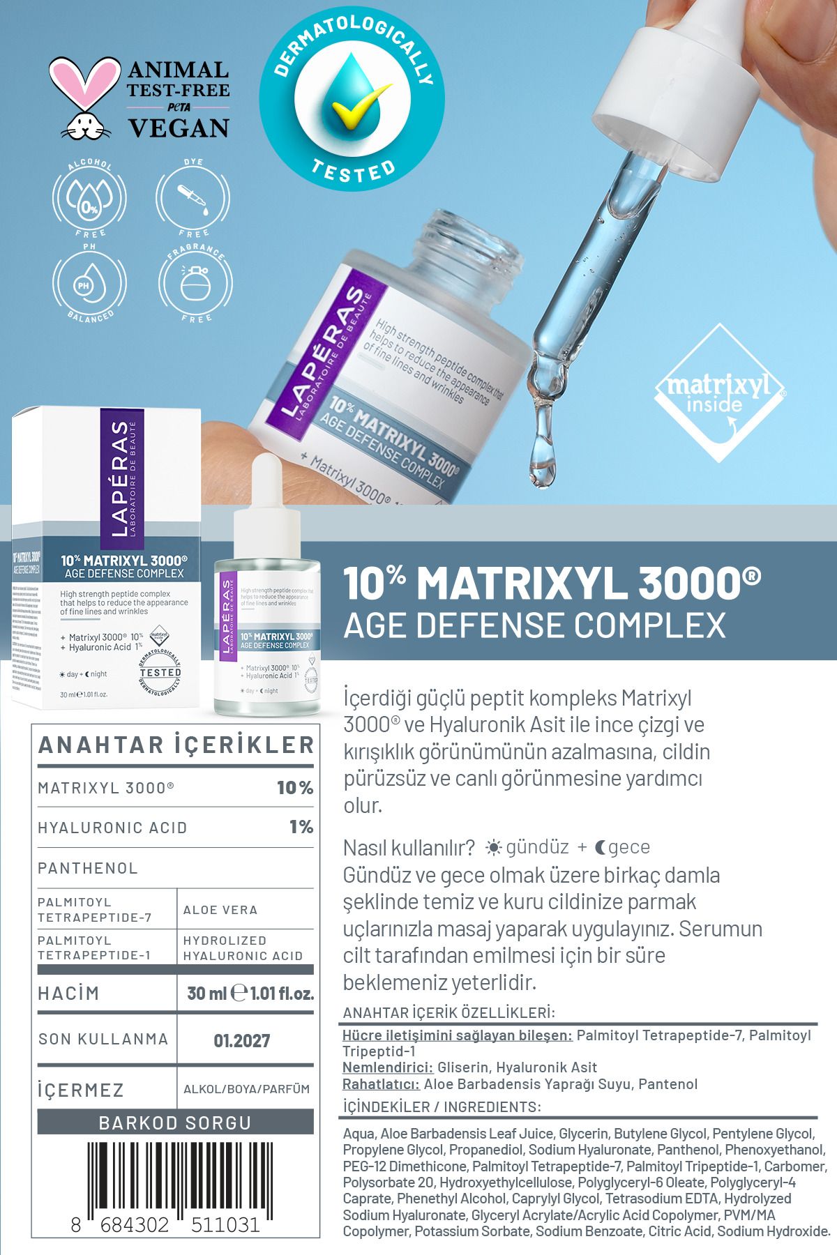 سرم پپتید وگان مرطوب کننده LAPERAS 10% Peptide Matrixyl 3000® 1% Hyaluronic Acid Plumping