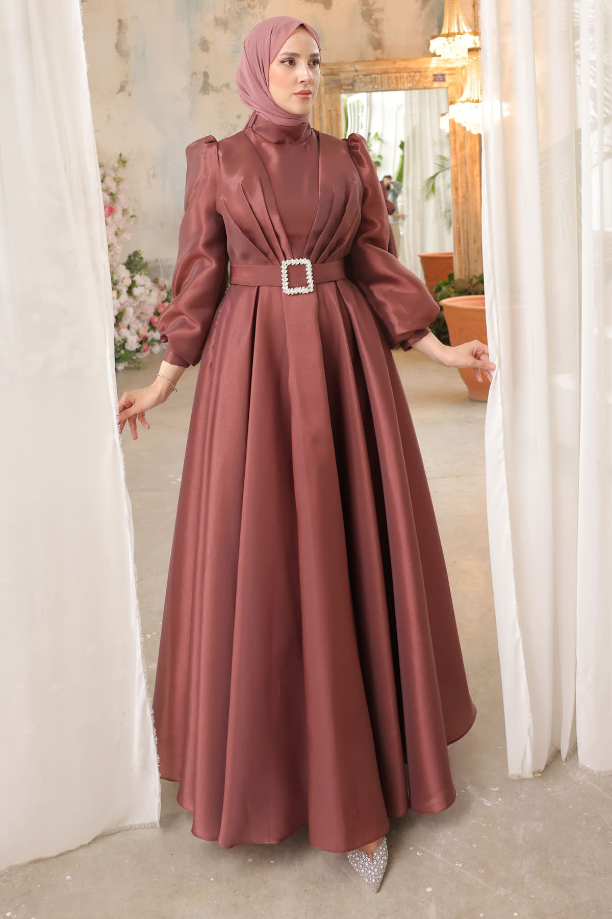 Brown Balloon Sleeve Draped Evening Dress