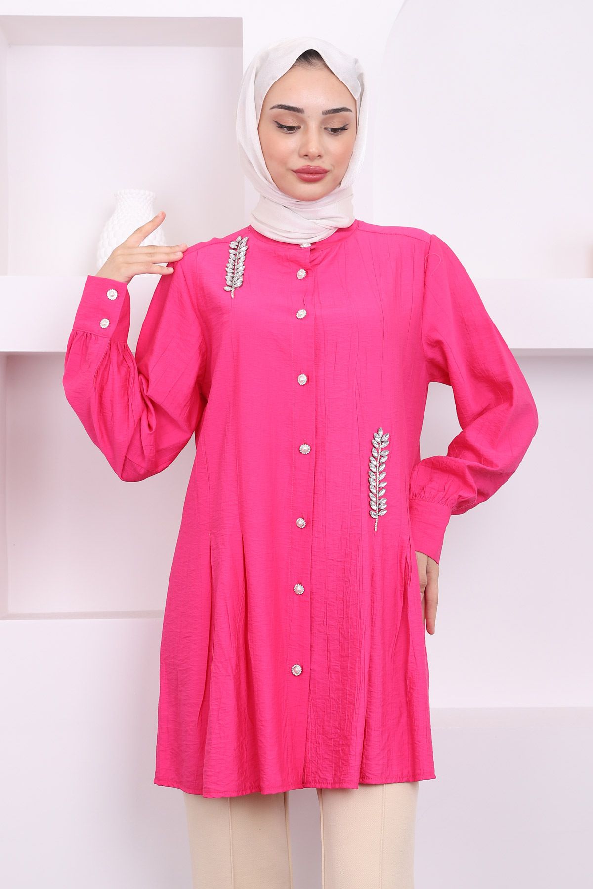 İmajButik-Fuchsia Pleated Stone Detailed Tunic 3