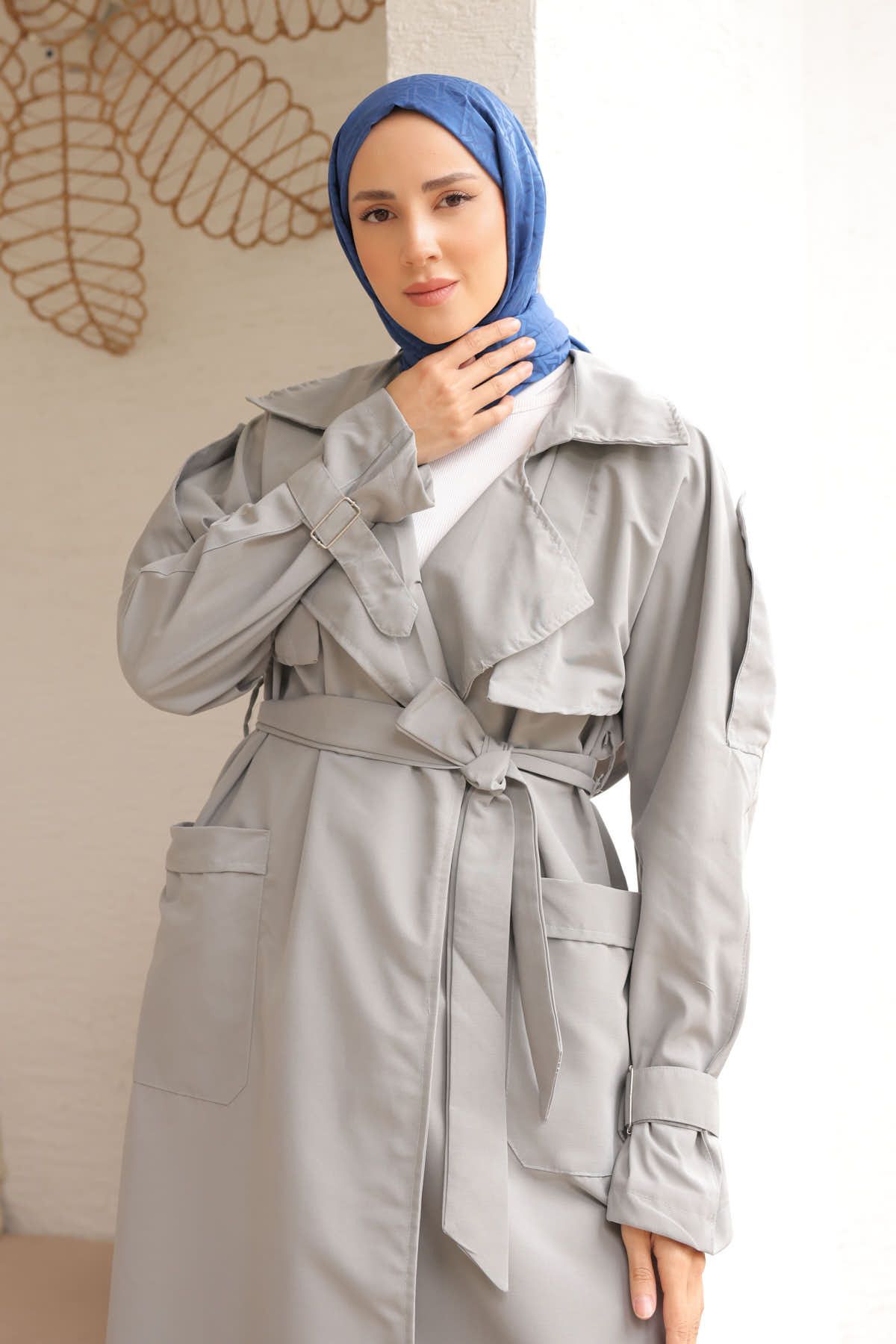 İmajButik-Grey Double-breasted Collar Sleeve Shoulder Epaulette Trench Coat 3