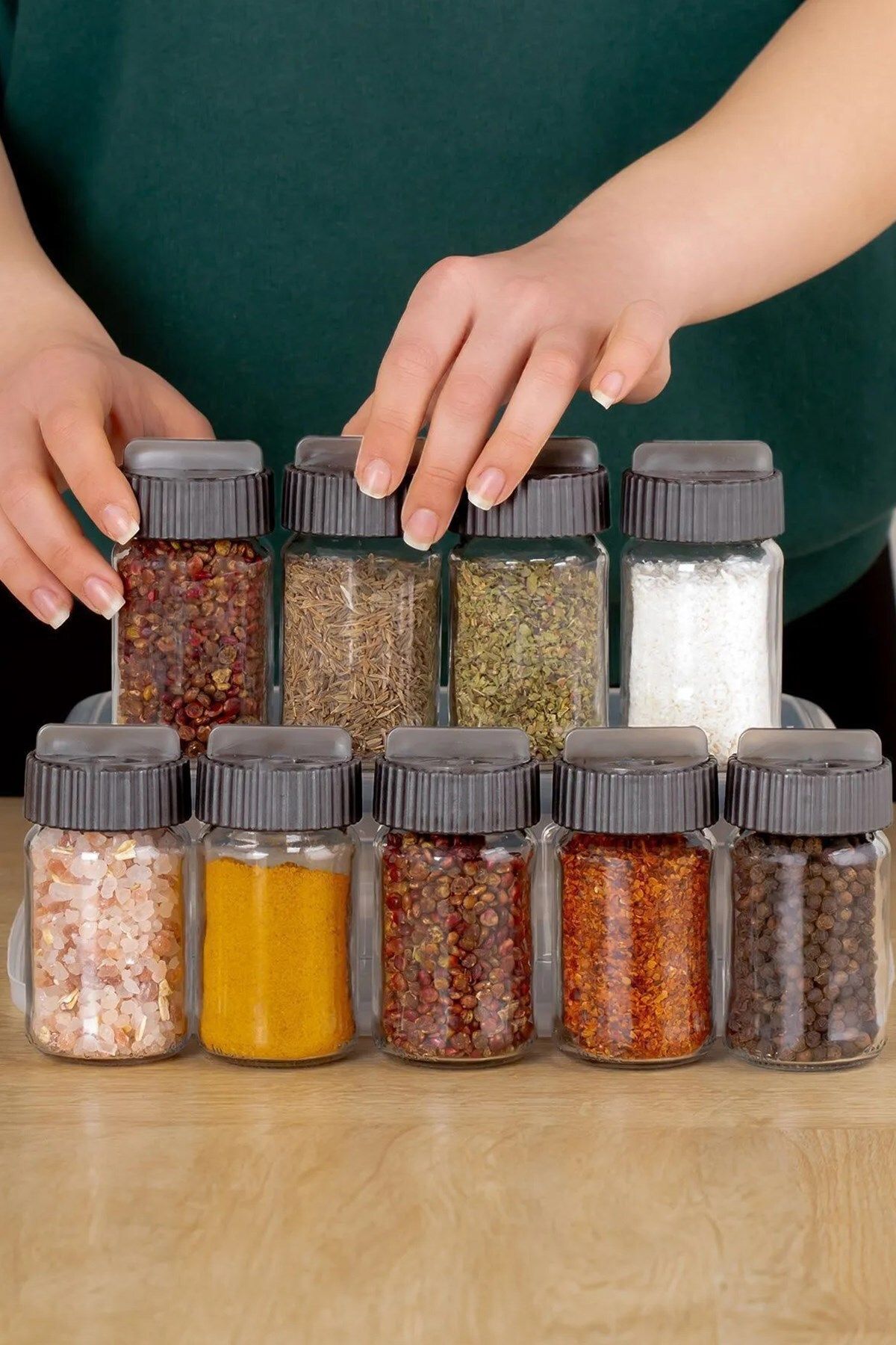 JASPER-12-Piece Gray Glass Spice Rack Set - Rotatable, 105 Cc 3